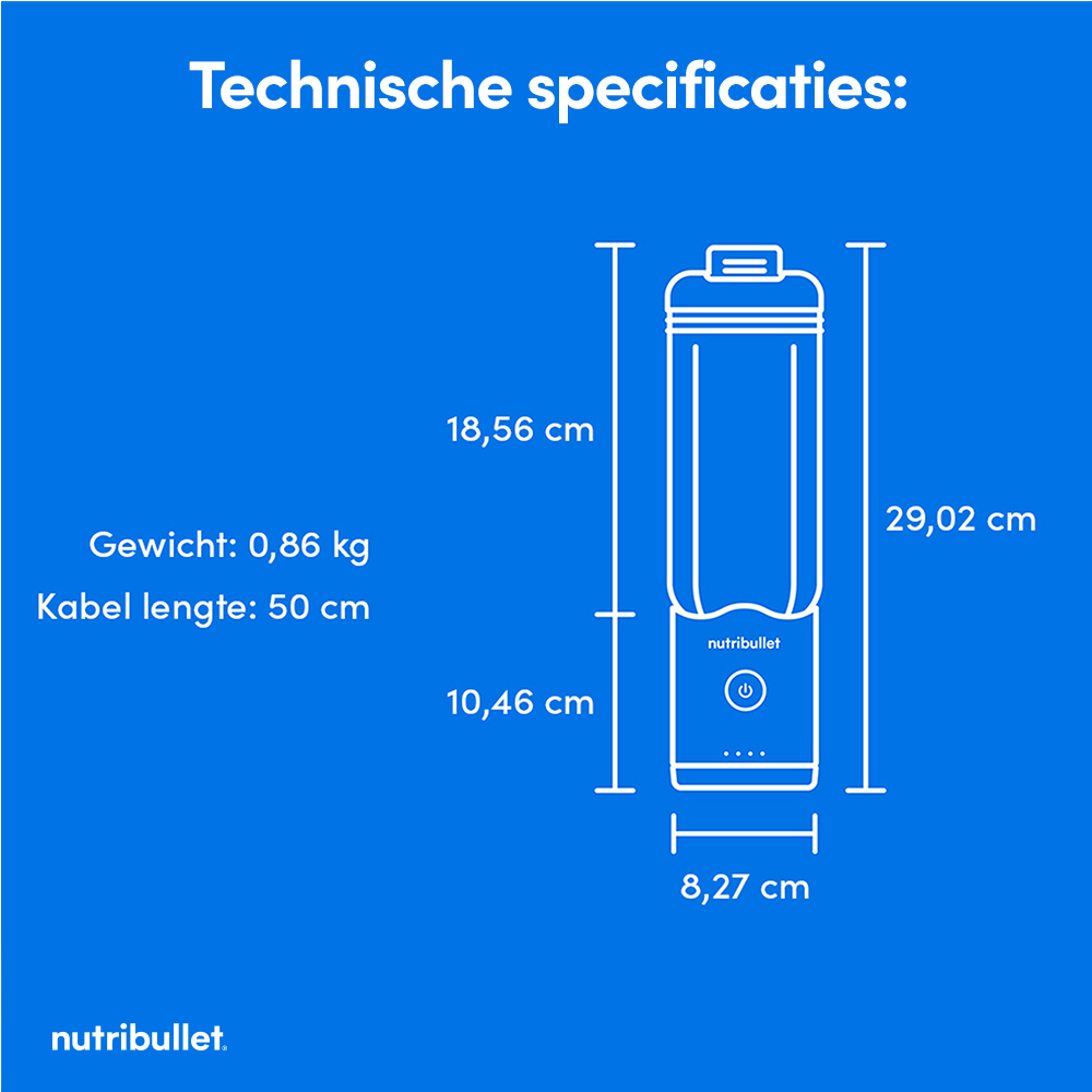 Blauwe achtergrond met een witte lijntekening van een Nutribullet, met afmetingen en specificaties in het Nederlands.