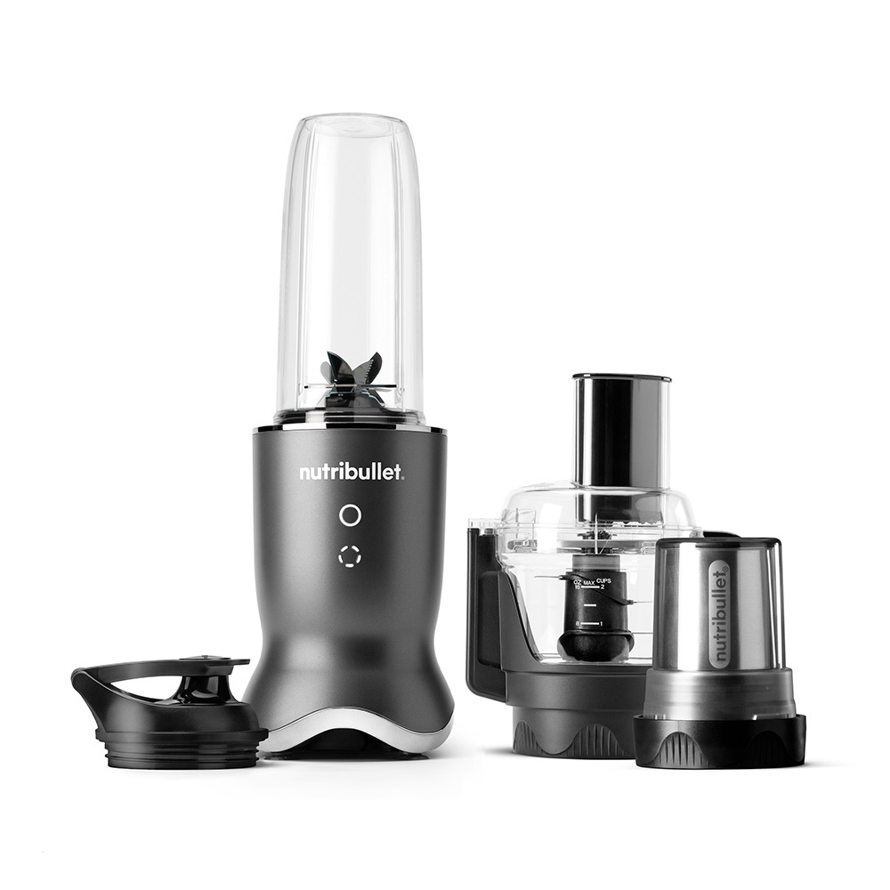A Nutribullet blender and food processor set is displayed. The set includes a blender, processor and other accessories on a white background.