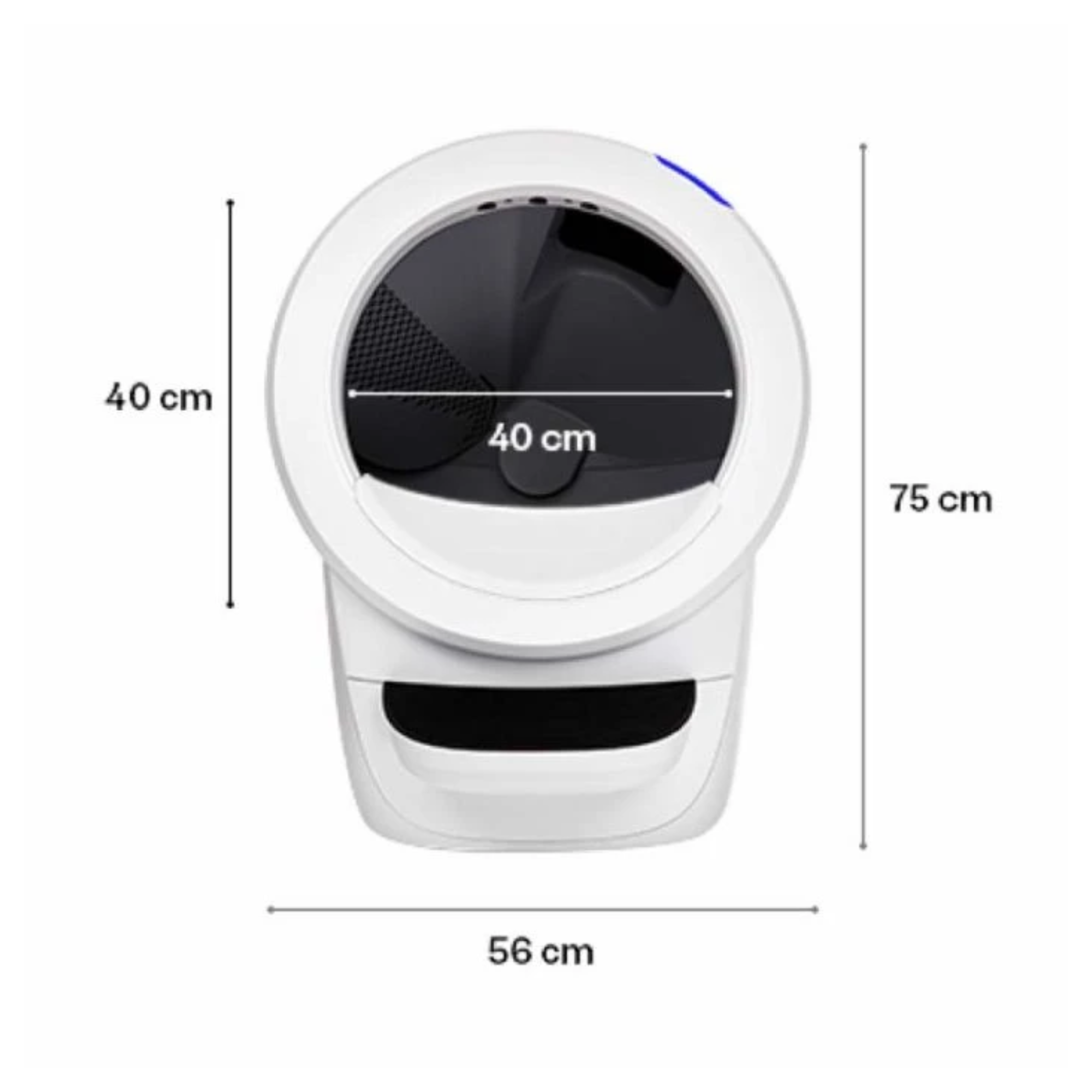 Arenero blanco con interior negro. Las dimensiones son: 40 cm, 75 cm y 56 cm. Tiene una luz azul.