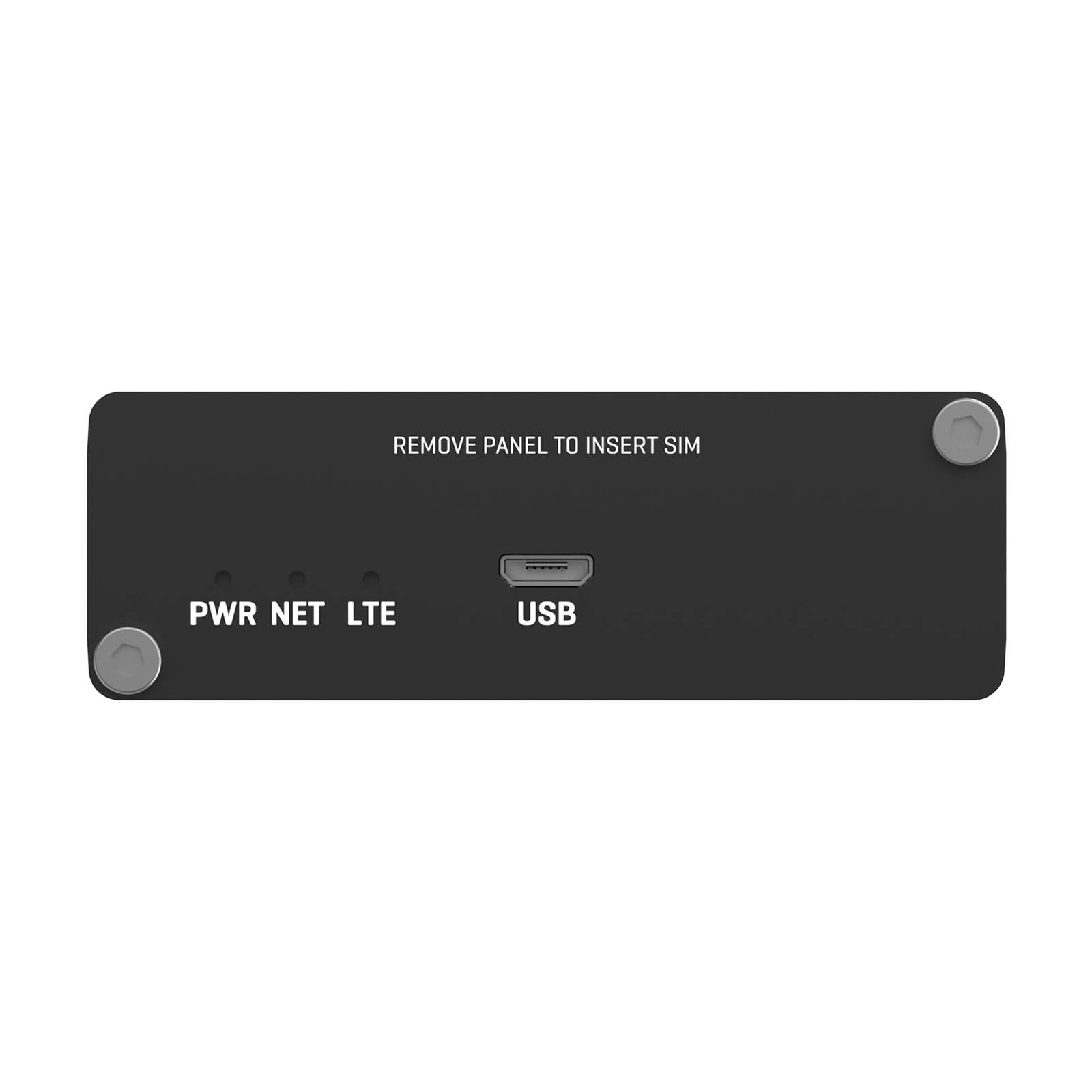 Un appareil noir avec les étiquettes 'PWR NET LTE', un port USB et des vis. En haut : 'Retirer le panneau pour insérer la SIM'.