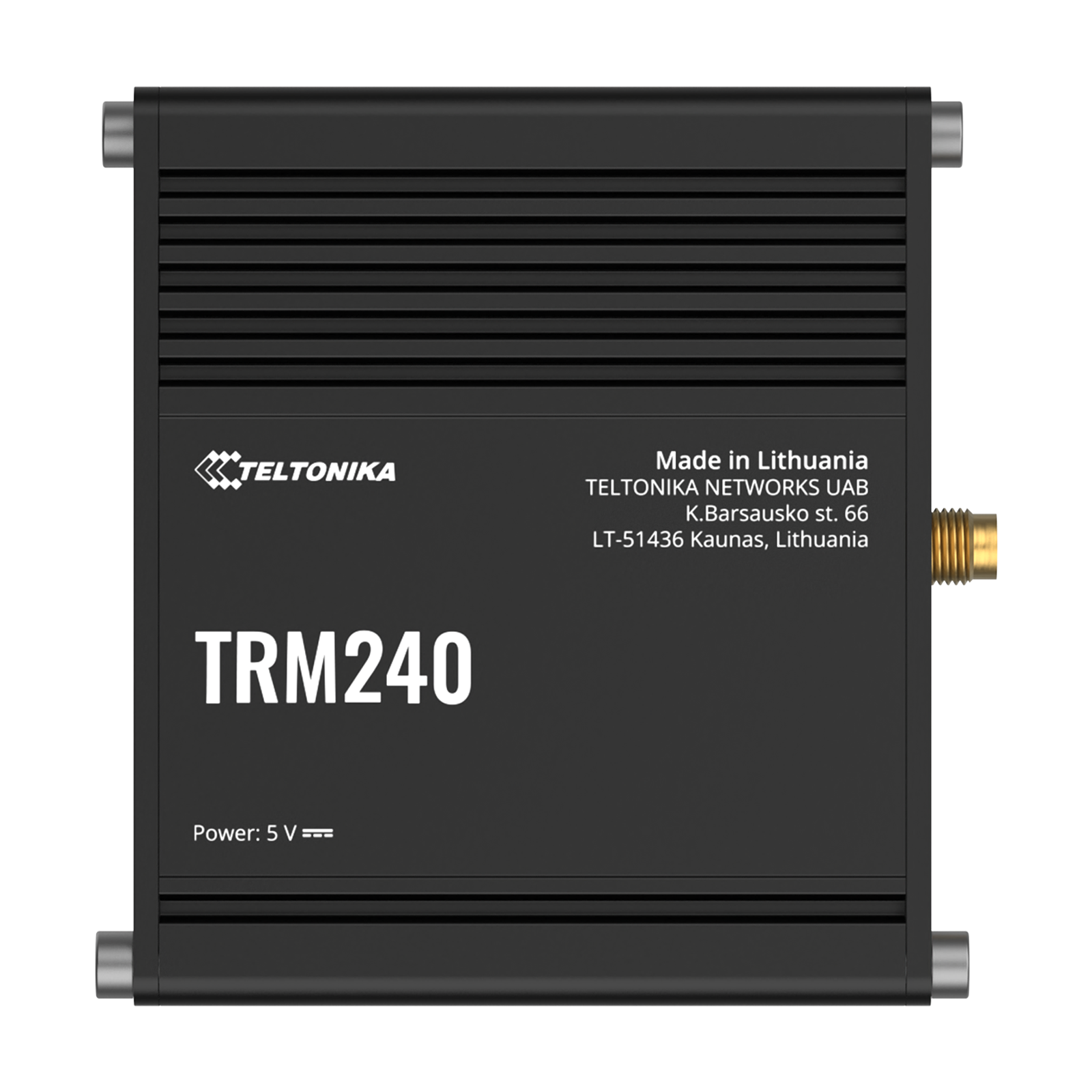 Un appareil TRM240 noir avec le logo Teltonika. Le texte indique 'Made in Lithuania' et les spécifications.