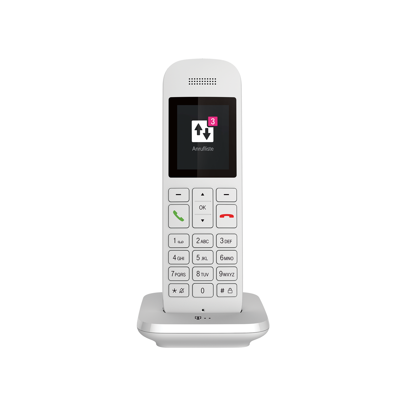 Un teléfono fijo blanco sobre una base blanca. El teléfono tiene una pantalla con 'Anrufliste' y una notificación.