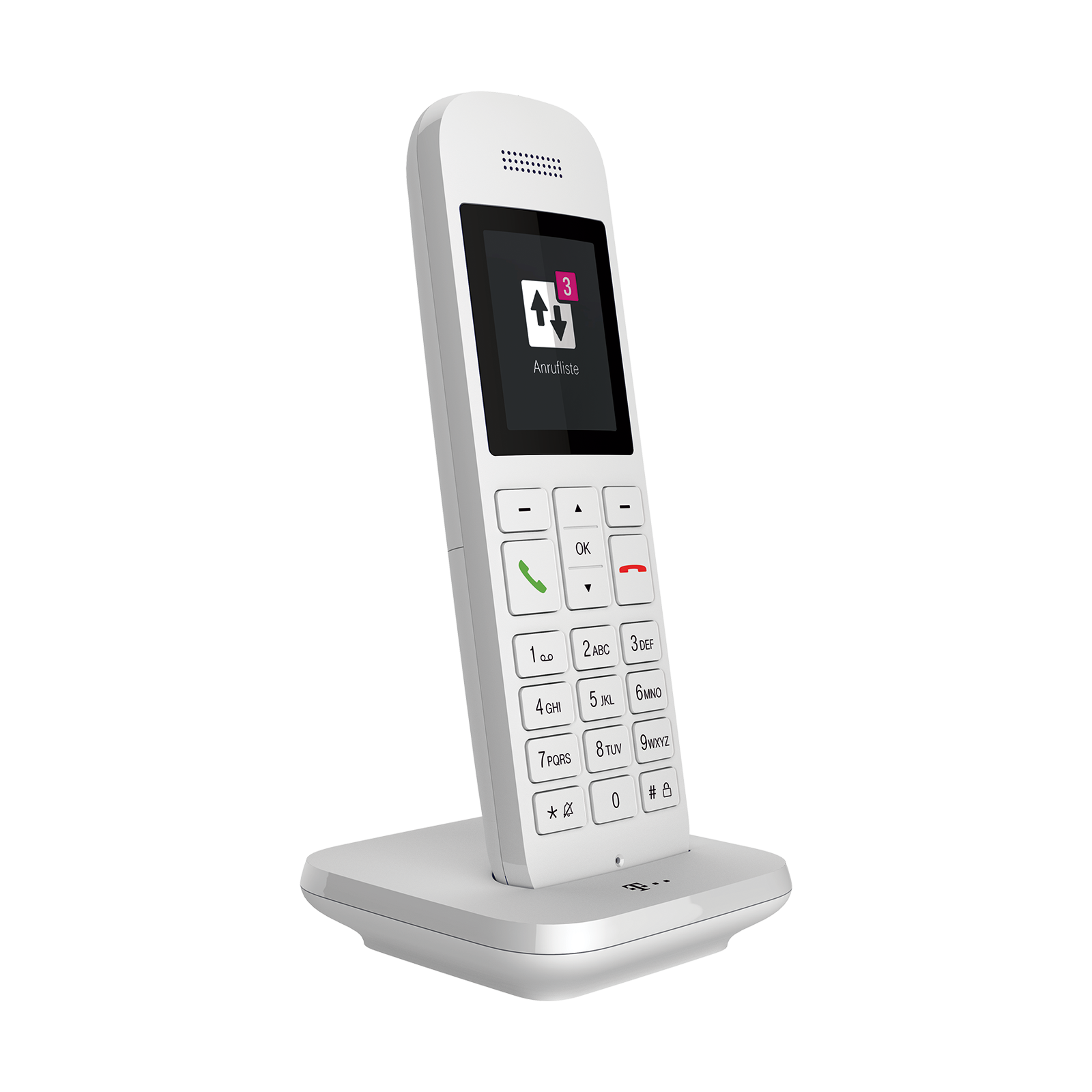 Un teléfono inalámbrico blanco sobre una base blanca. La pantalla muestra el historial de llamadas.