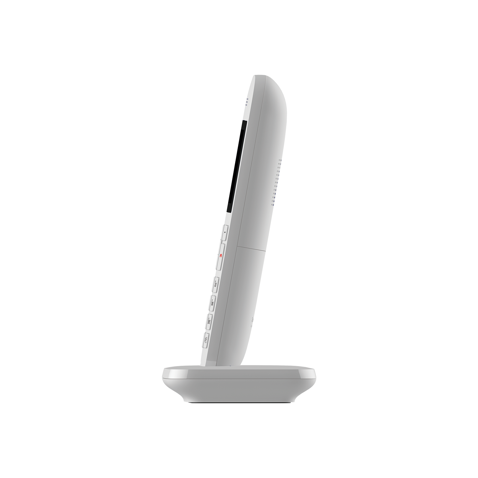 Un teléfono inalámbrico blanco sobre una base blanca. El teléfono tiene una pantalla y botones. El fondo es blanco.