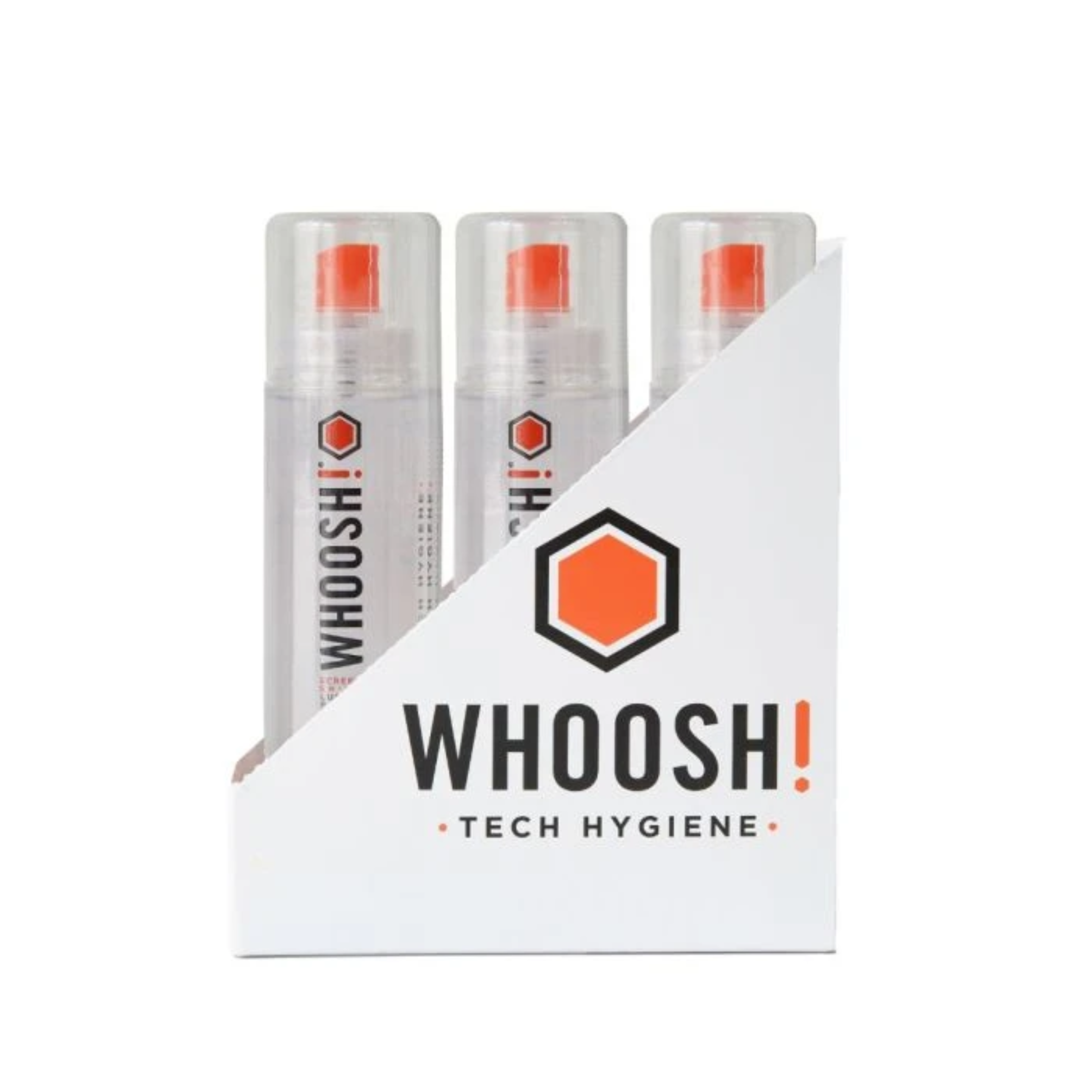 Tre flaconi spray in una scatola bianca, etichettati 'WHOOSH! TECH HYGIENE'. I flaconi hanno ugelli rossi.