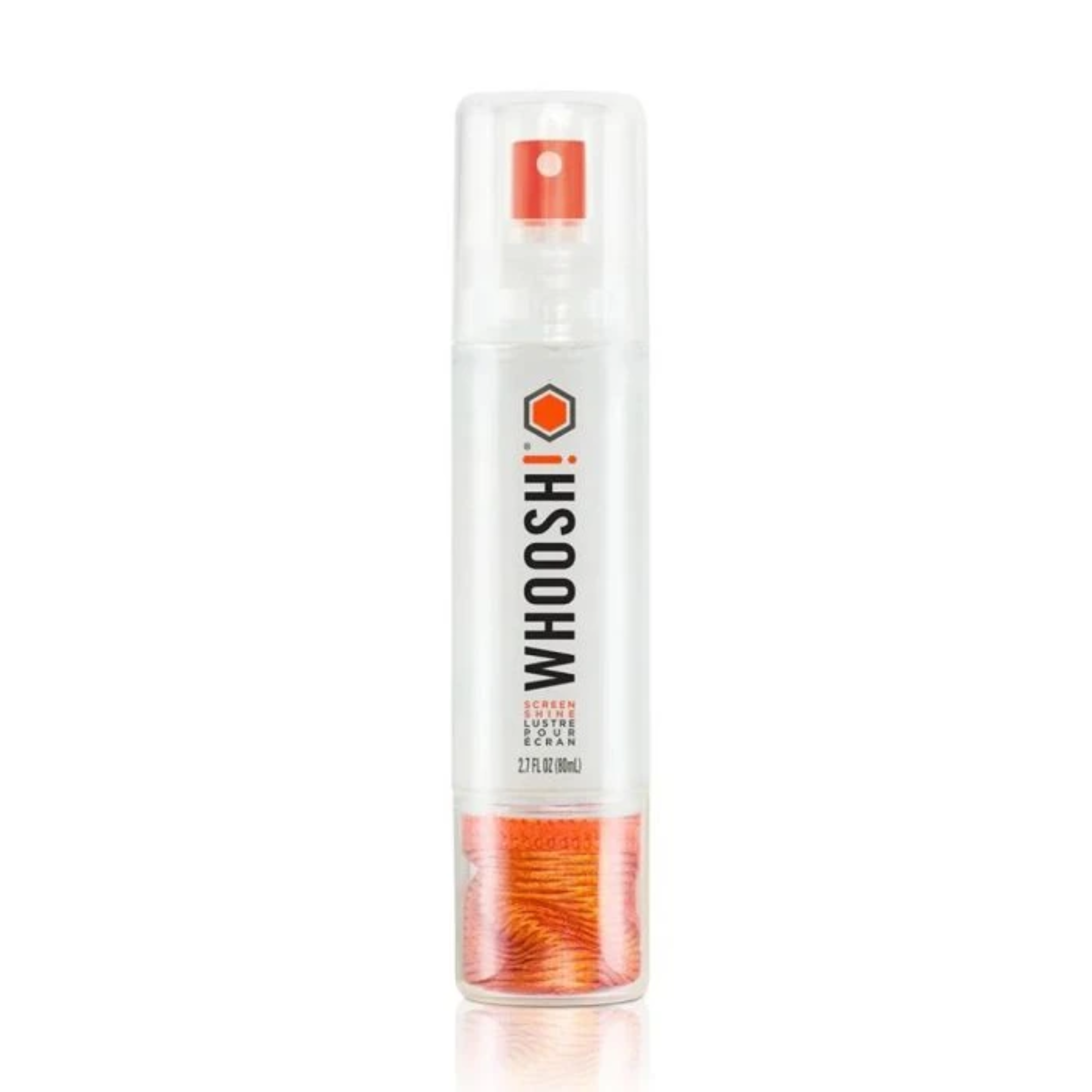 Un flacone spray trasparente con dettagli arancioni e la parola WHOOSH!. È un detergente per schermi.