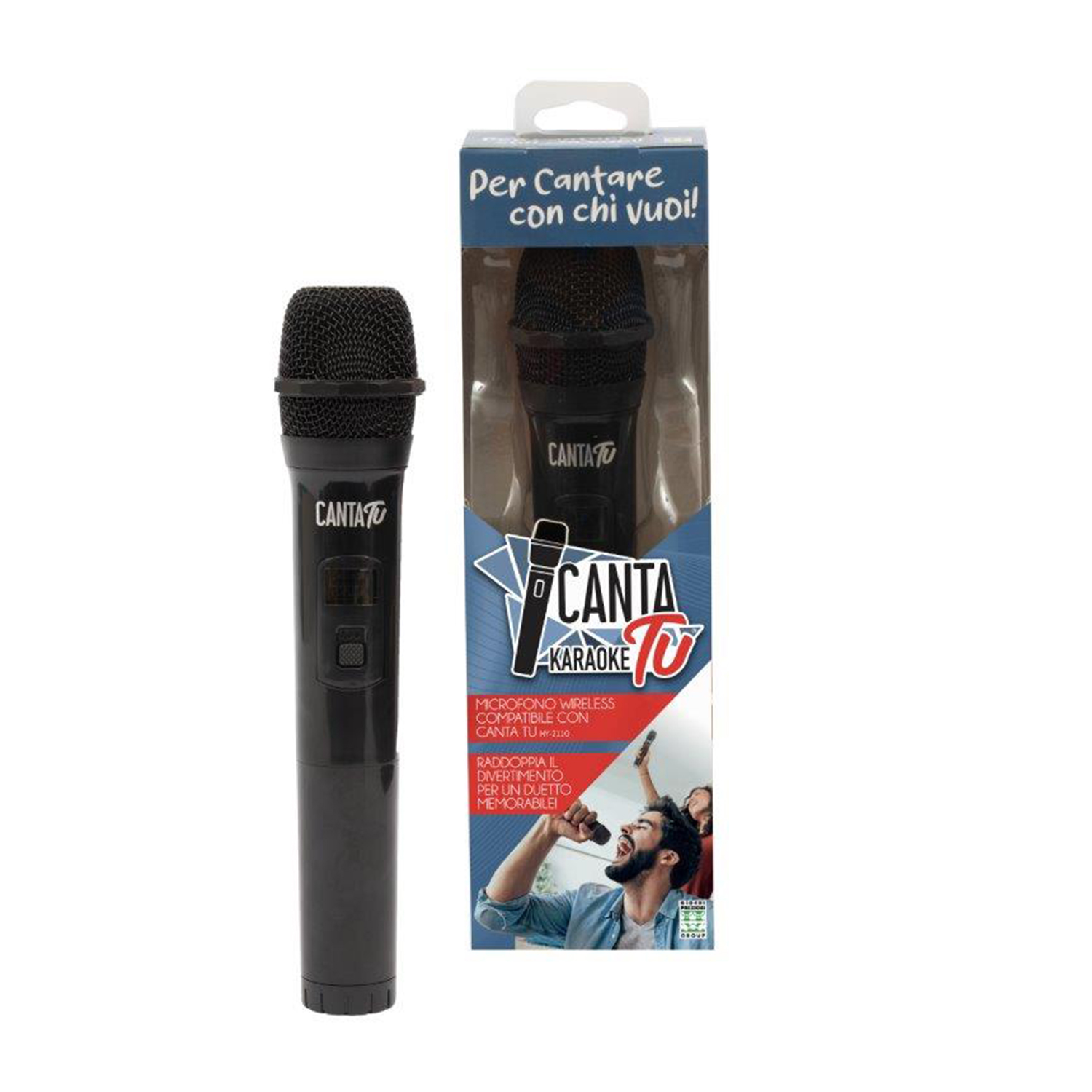 Un microfono karaoke nero e la sua confezione sono in mostra. La confezione presenta un'immagine del microfono e testo in italiano.