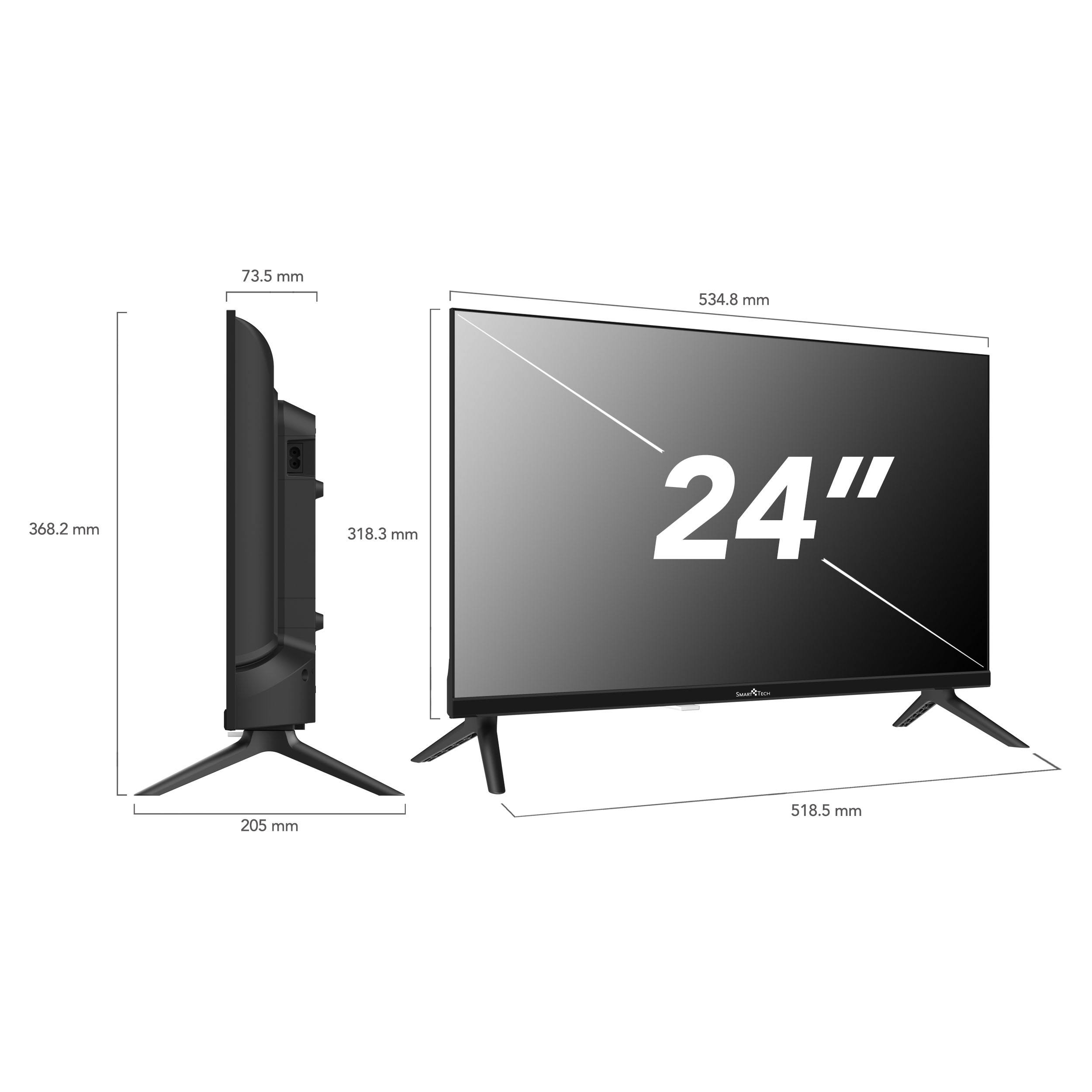 Una Smart Tech TV da 24 pollici, dimensioni indicate. Cornice e supporto neri, lo schermo mostra il numero 24.