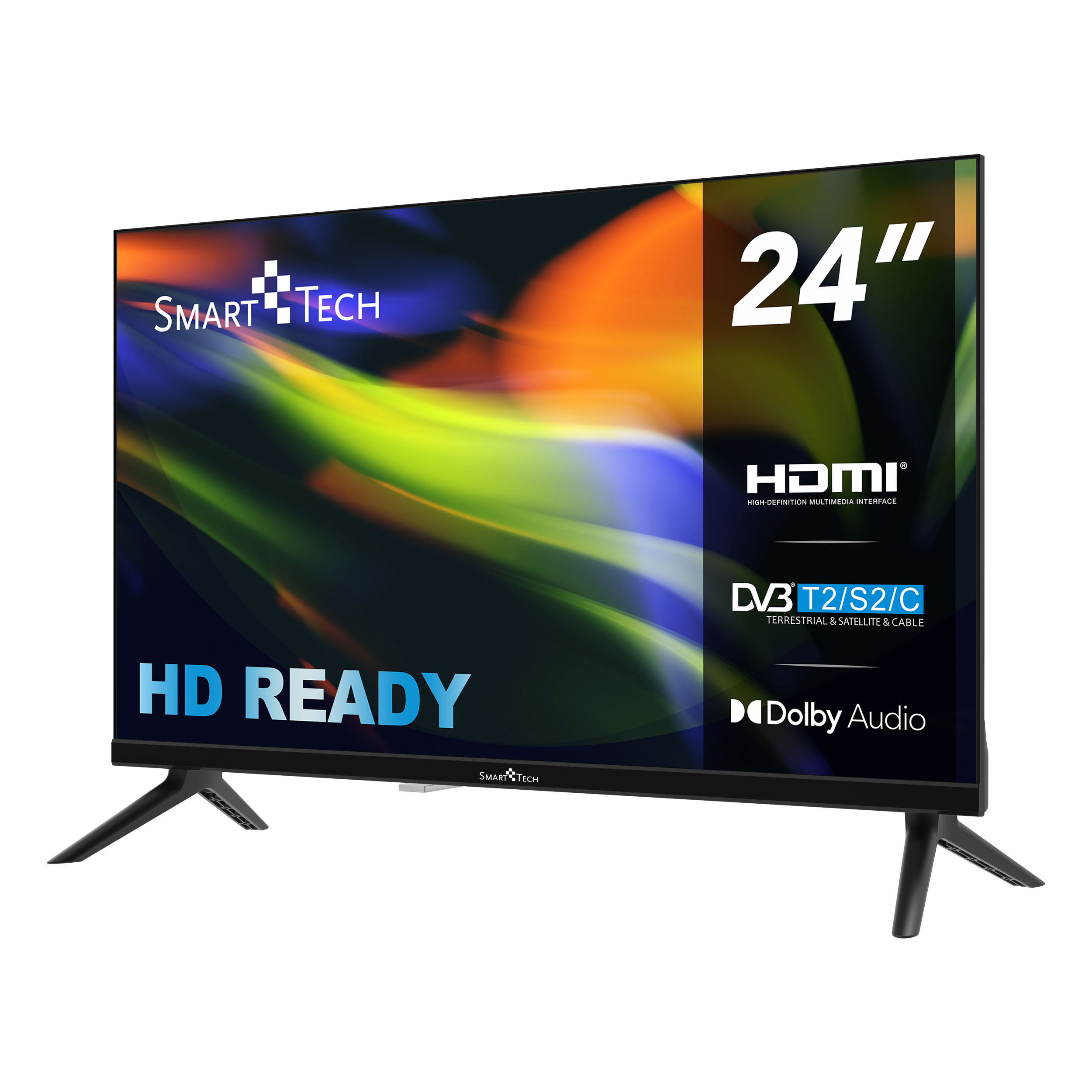 Un TV Smart Tech HD Ready da 24 pollici. Ha HDMI, DVB T2/S2/C e Dolby Audio. Supporto e schermo neri.
