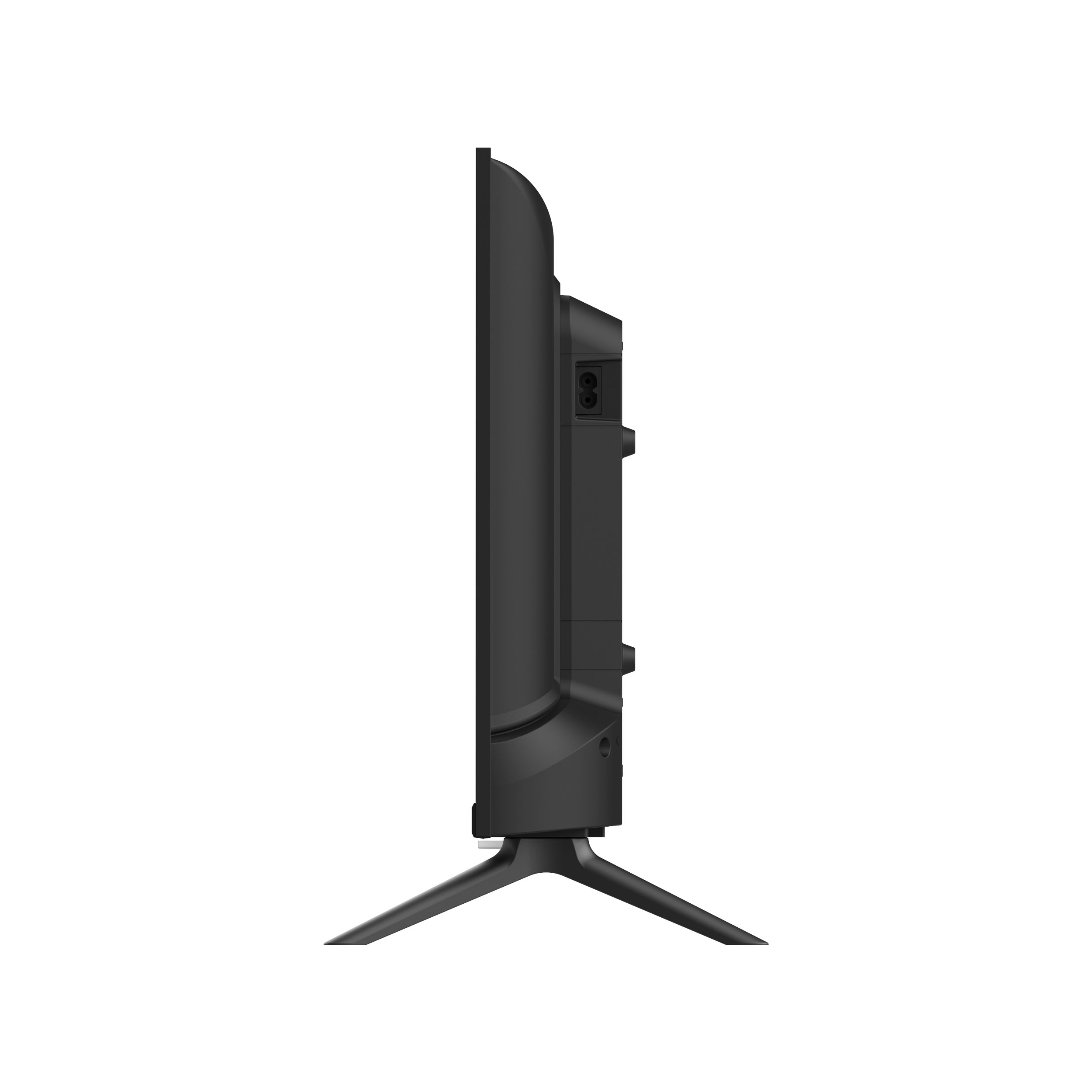 Vista laterale di una TV nera su sfondo bianco. La TV è su un supporto.