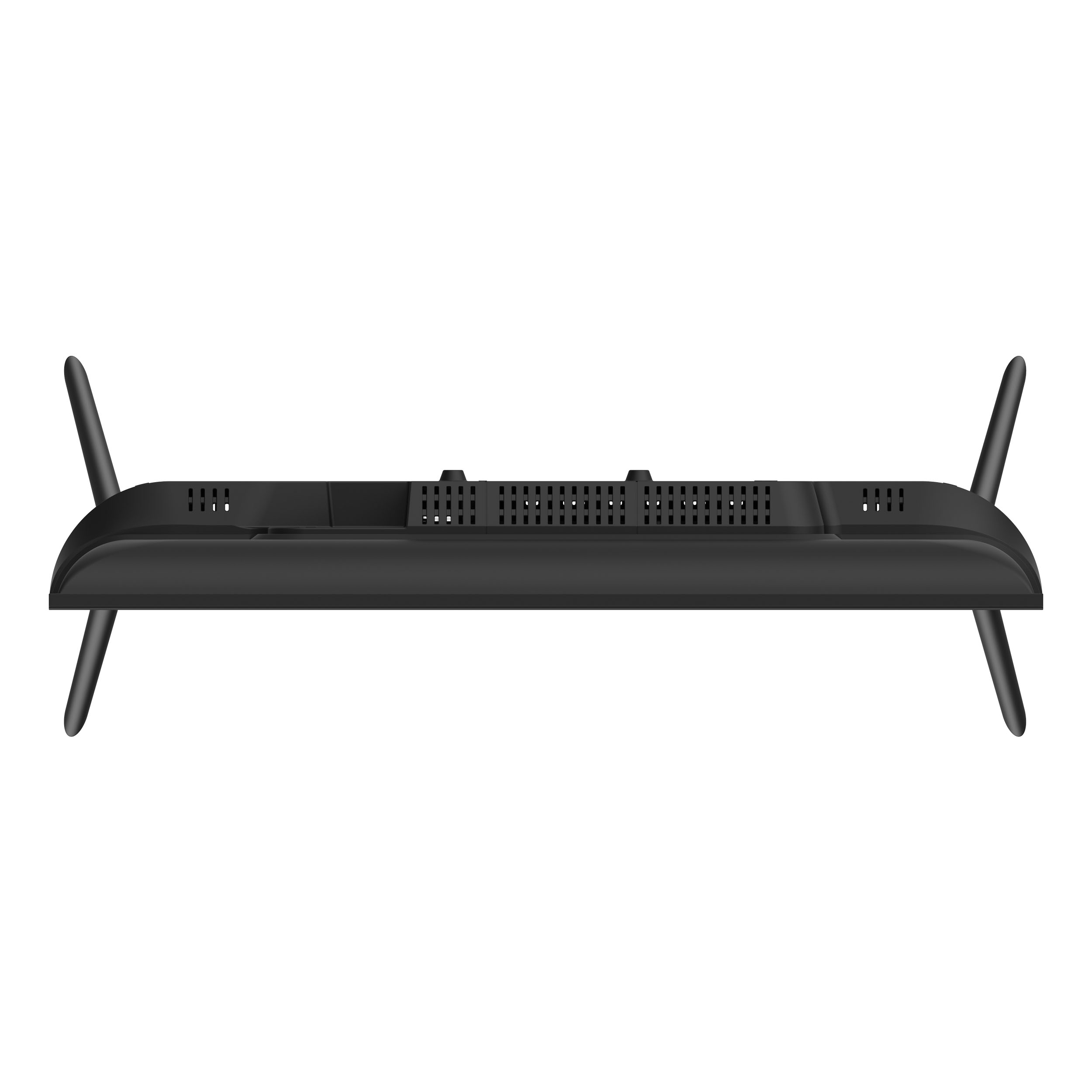 Una TV nera da dietro, con due gambe e due antenne. Lo sfondo è bianco.