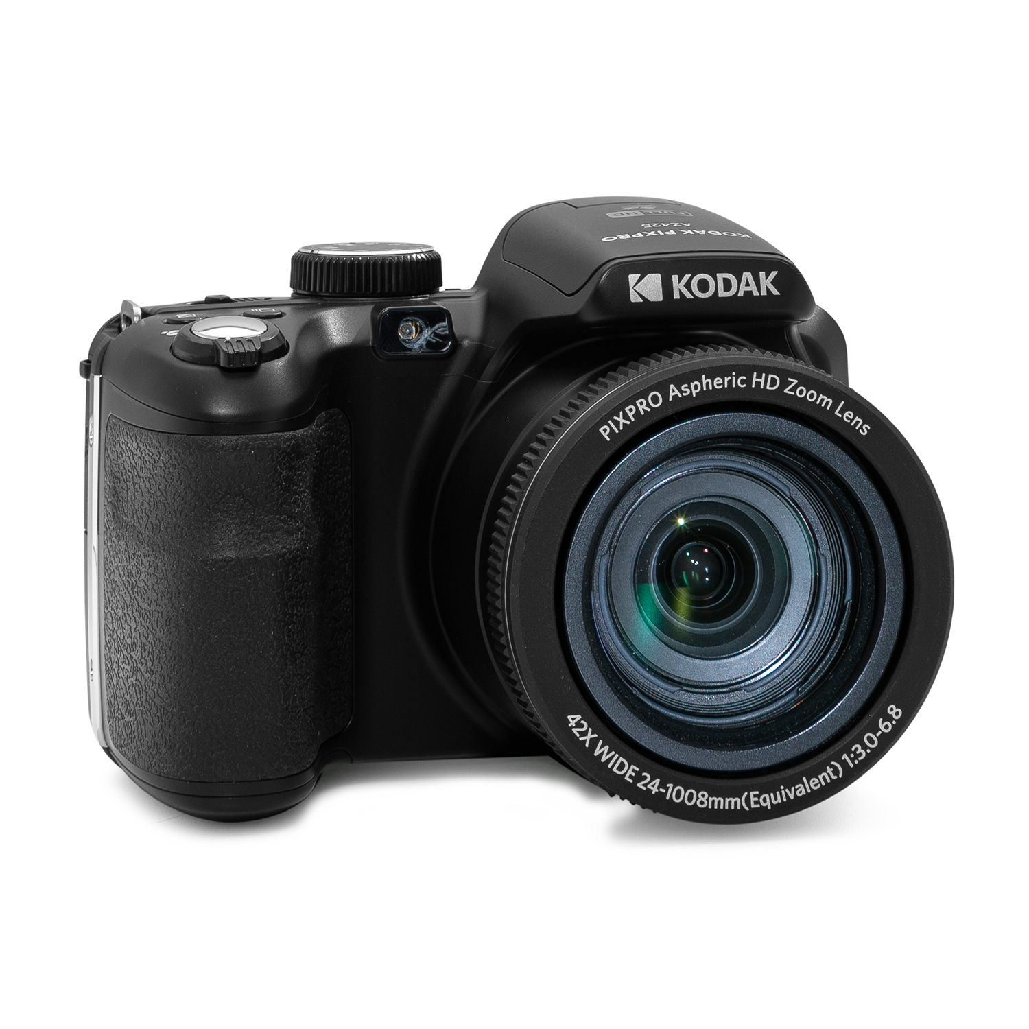 Czarny aparat Kodak Pixpro na białym tle. Zawiera obiektyw, lampę błyskową i logo marki. Na obiektywie napis '42X WIDE 24-1008mm'.