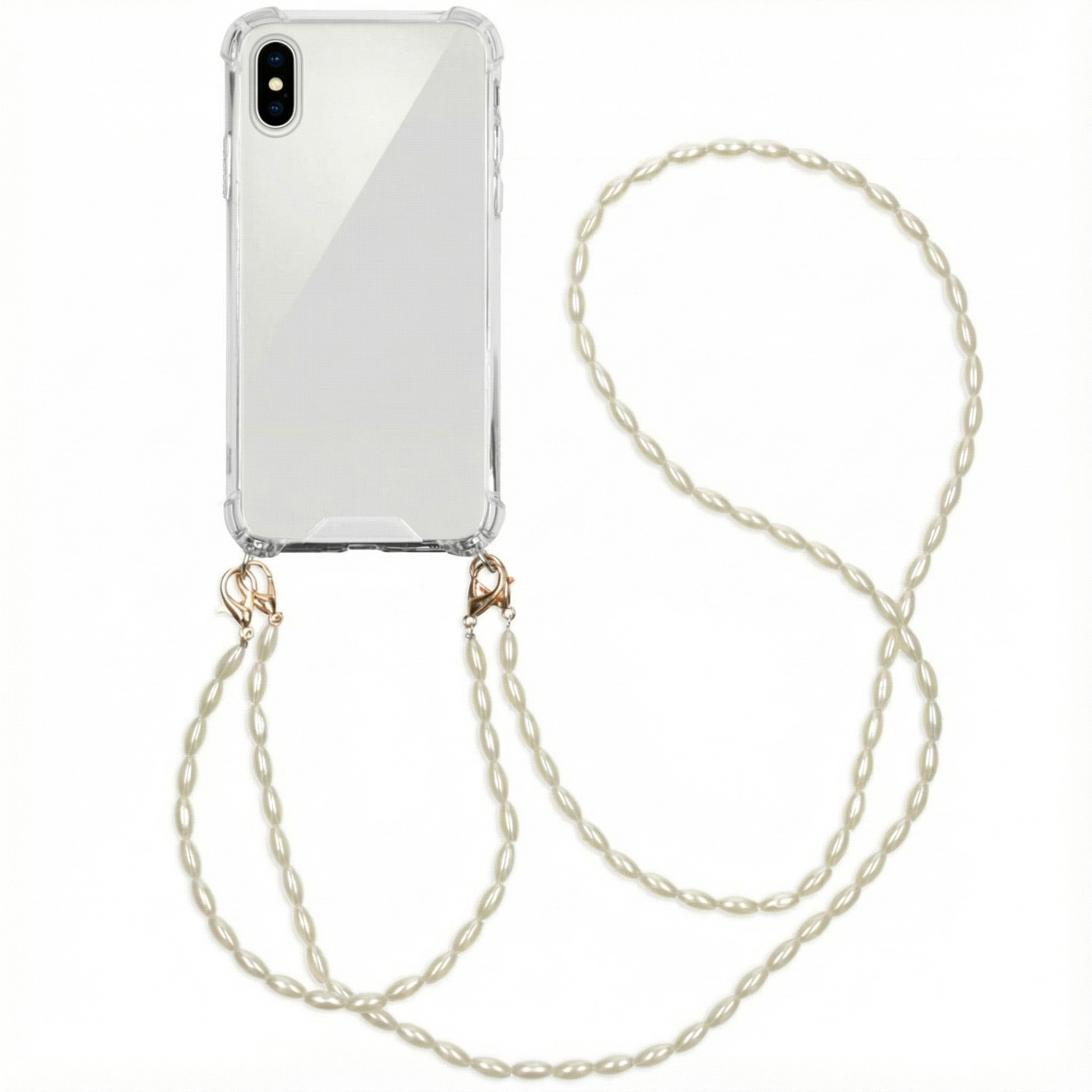 Custodia trasparente per telefono con cinturino a collana di perle. Il telefono è al centro su sfondo bianco.