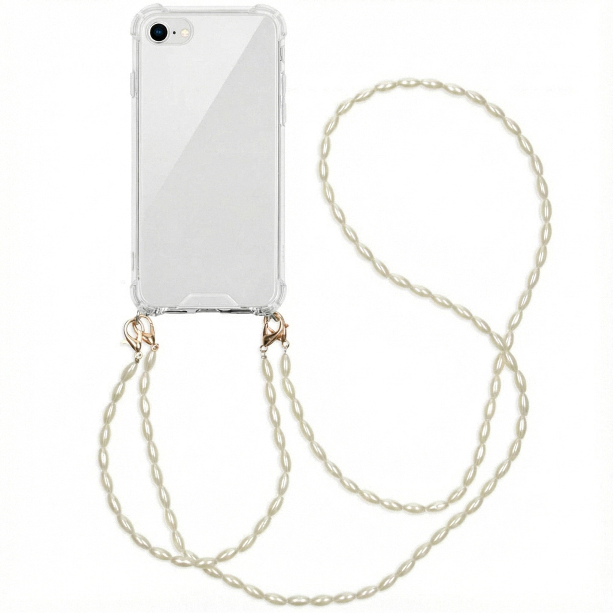 Un étui de téléphone transparent avec un collier de perles attaché. Le téléphone est blanc, les perles crème.