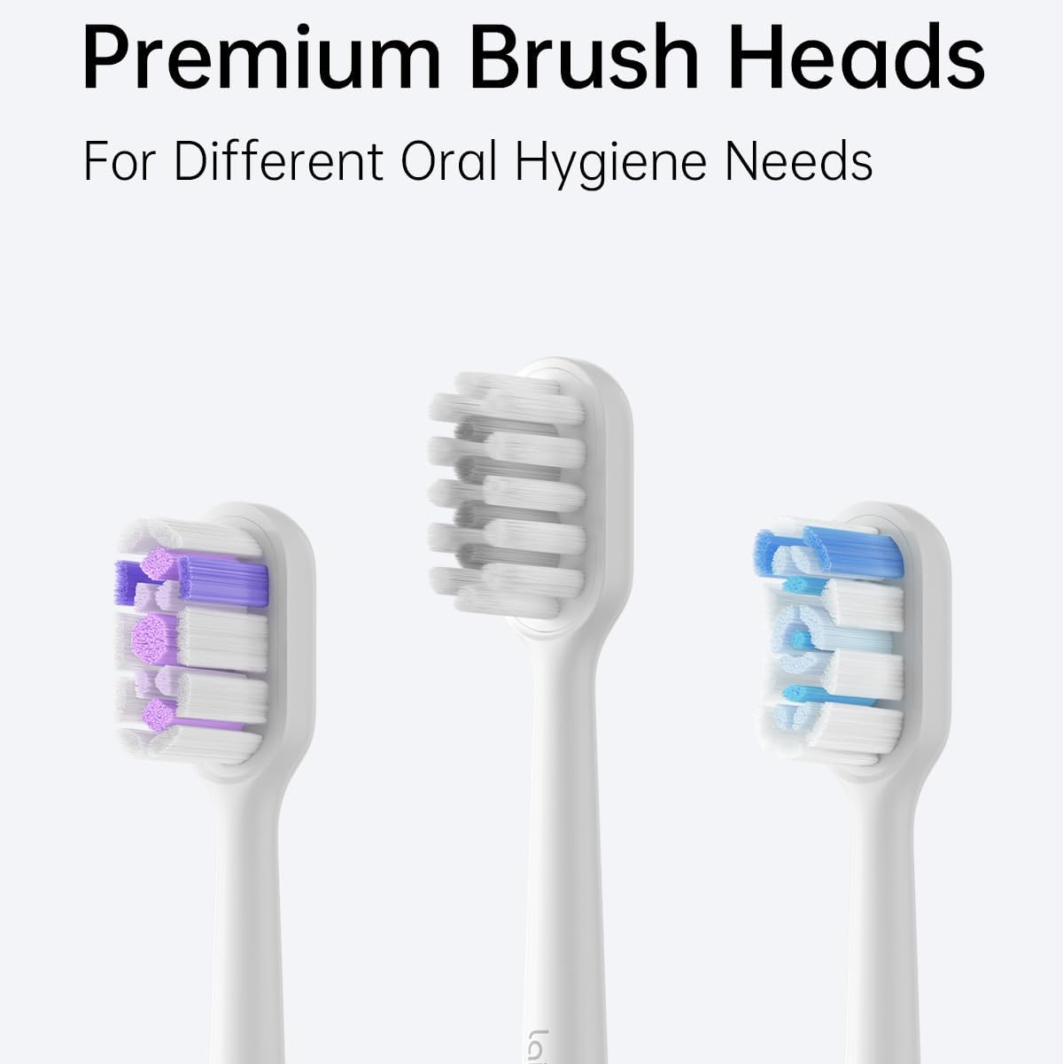Drei weiße Zahnbürstenköpfe mit unterschiedlich farbigen Borsten: lila, weiß und blau. Der Text oben lautet 'Premium Brush Heads'.