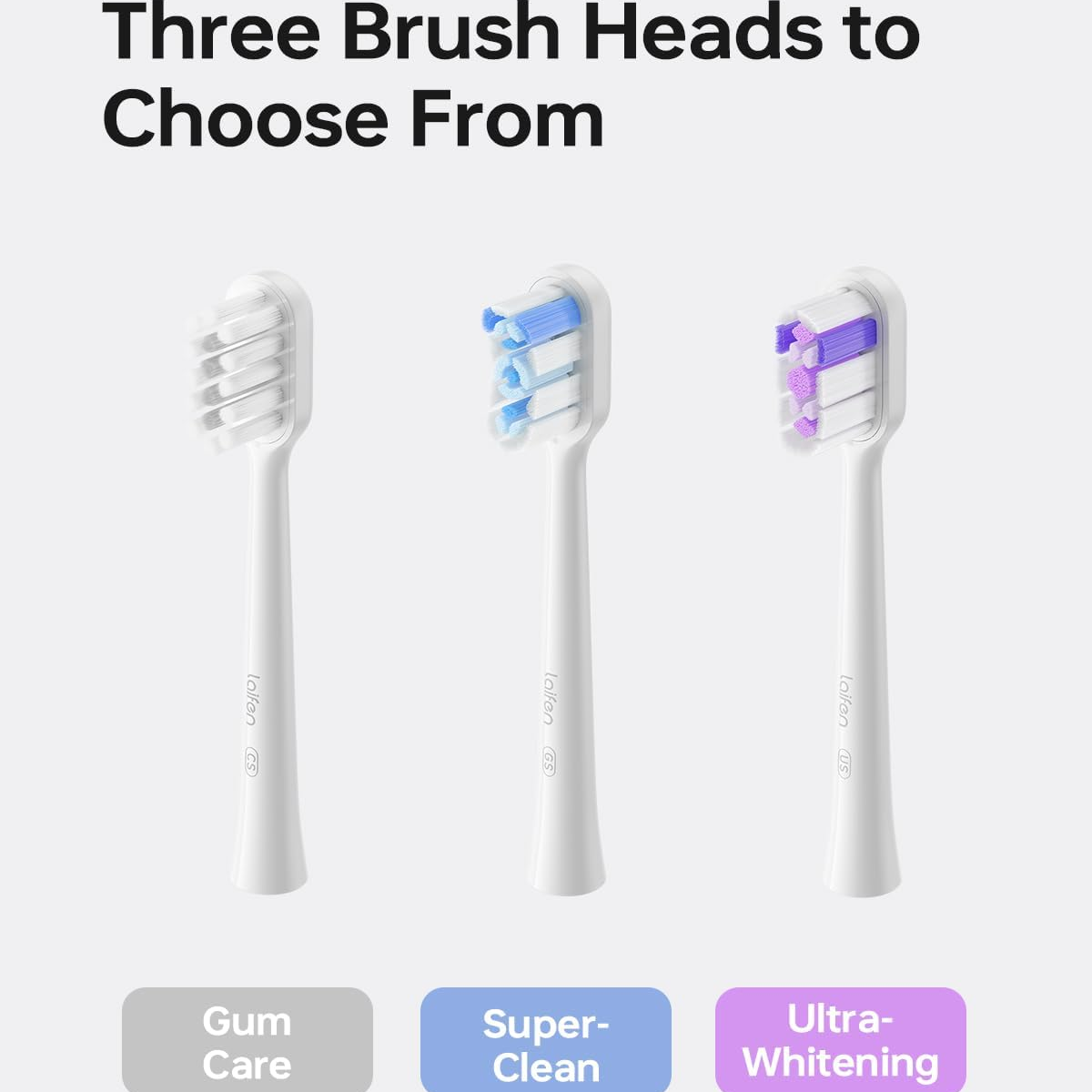 Tre testine bianche per spazzolino con setole colorate: bianco, blu e viola. Testo sotto: 'Gum Care', 'Super-Clean', 'Ultra-Whitening'.