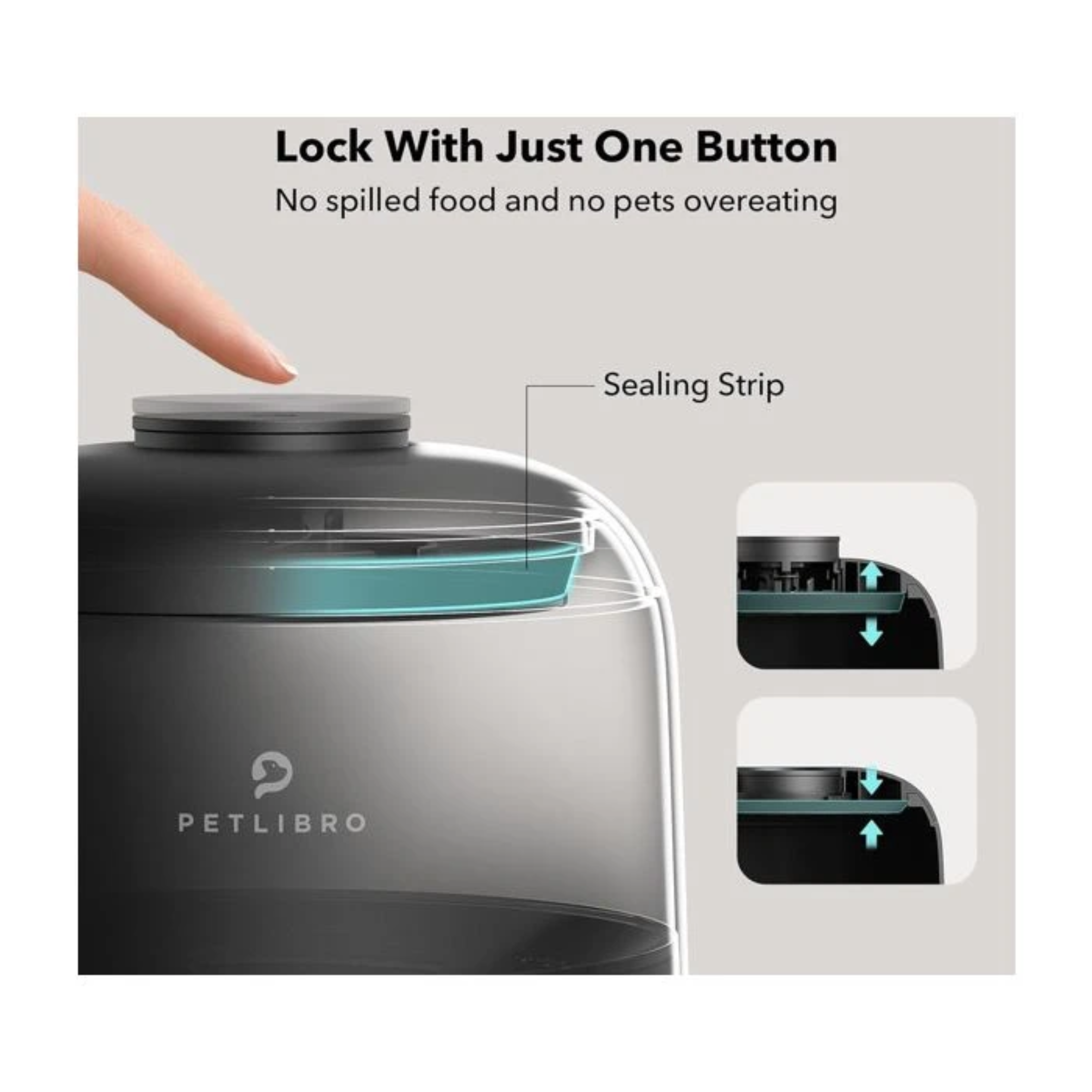 La imagen muestra un dispensador de comida para mascotas con un dedo presionando un botón. El texto menciona 'Lock with one button'.