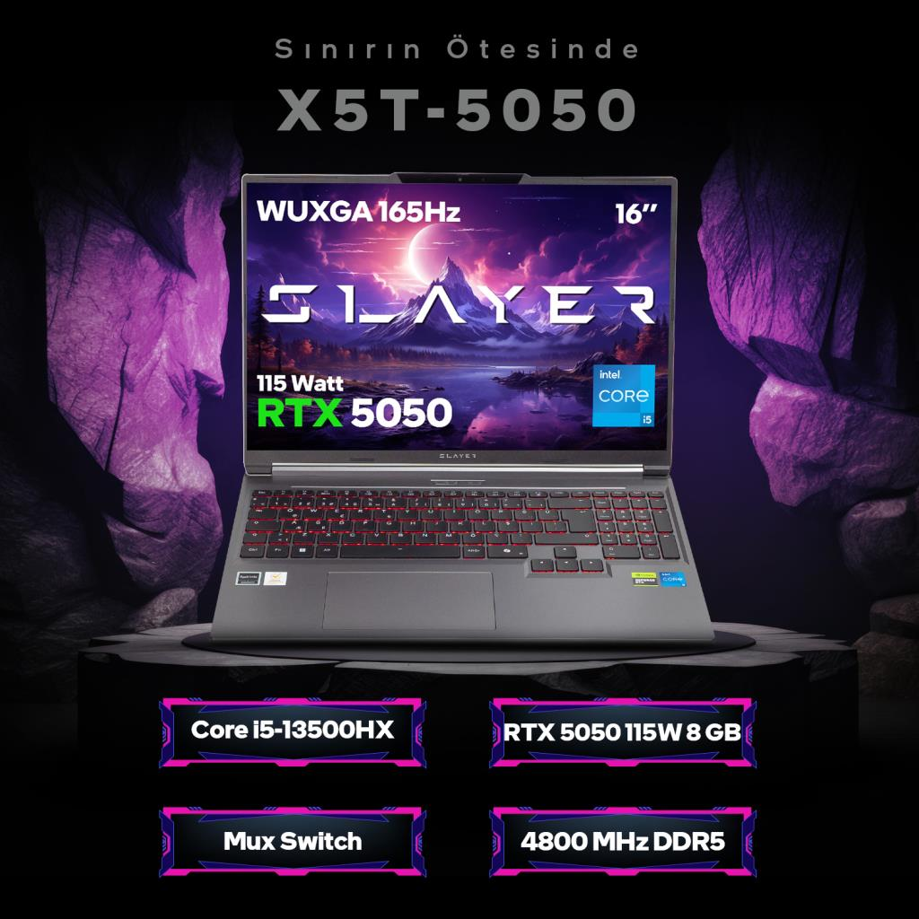 SLAYER logolu X5T-5050 laptop. Özellikler: RTX 5050, Core i5 ve 165Hz ekran.