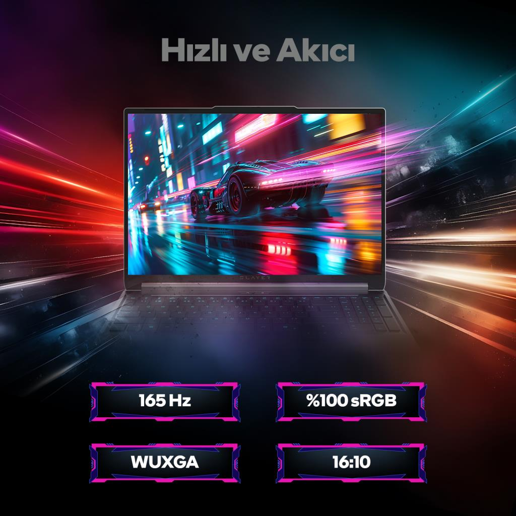 Ekranda fütüristik bir araba yarışı olan bir dizüstü bilgisayar. Aşağıda belirtilen özellikler: 165 Hz, %100 sRGB, WUXGA ve 16:10.