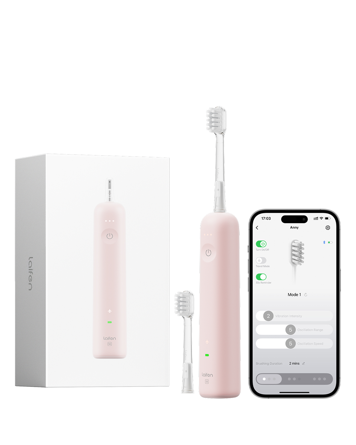 Eine rosa elektrische Zahnbürste mit Ersatzkopf, Box und Telefon, das Einstellungen anzeigt. Das Telefon zeigt Vibrations- und Oszillationsdetails.