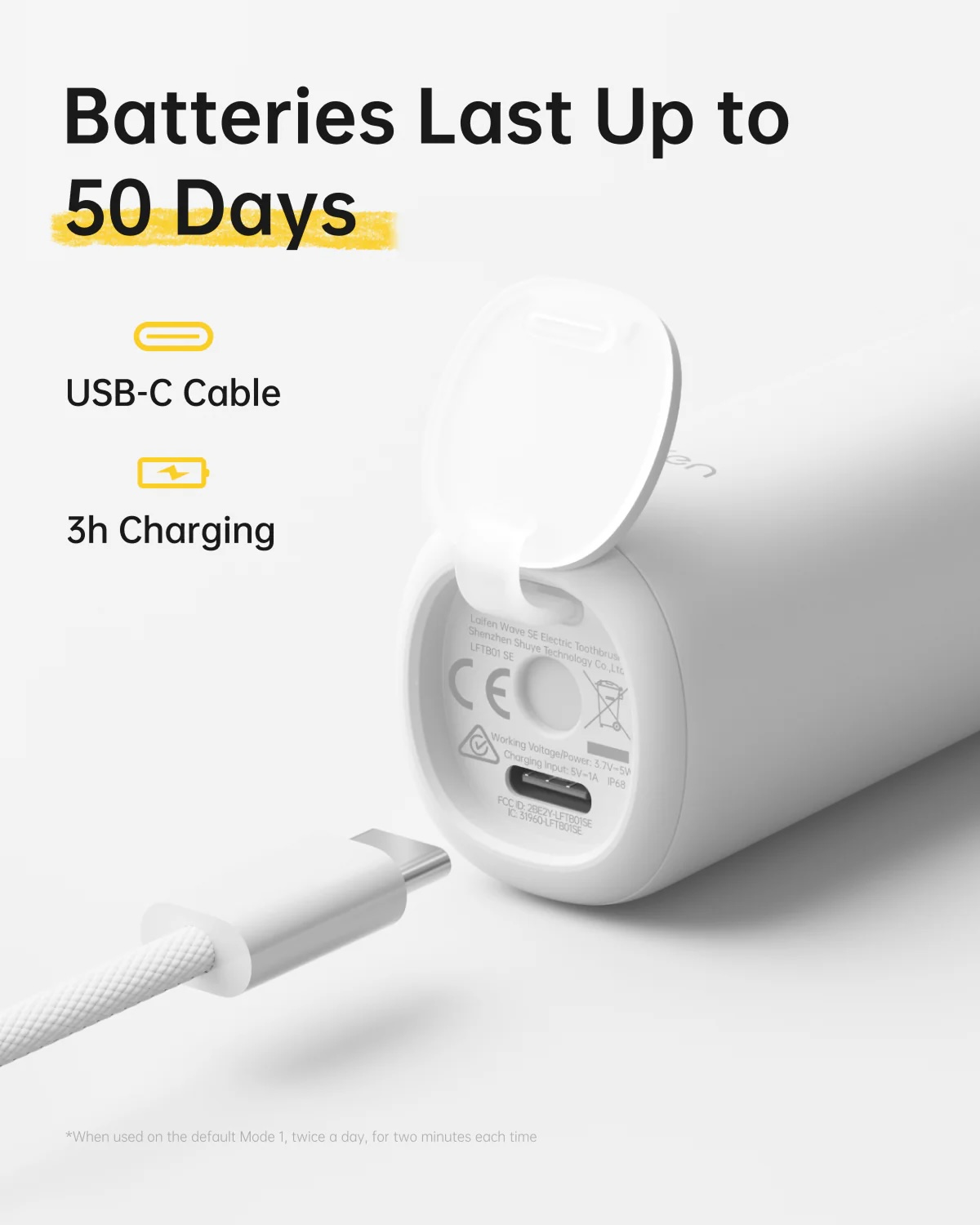 Eine weiße Zahnbürste mit eingestecktem USB-C-Kabel. Text zeigt: Batterien halten bis zu 50 Tage, 3h Aufladen und USB-C-Kabel.