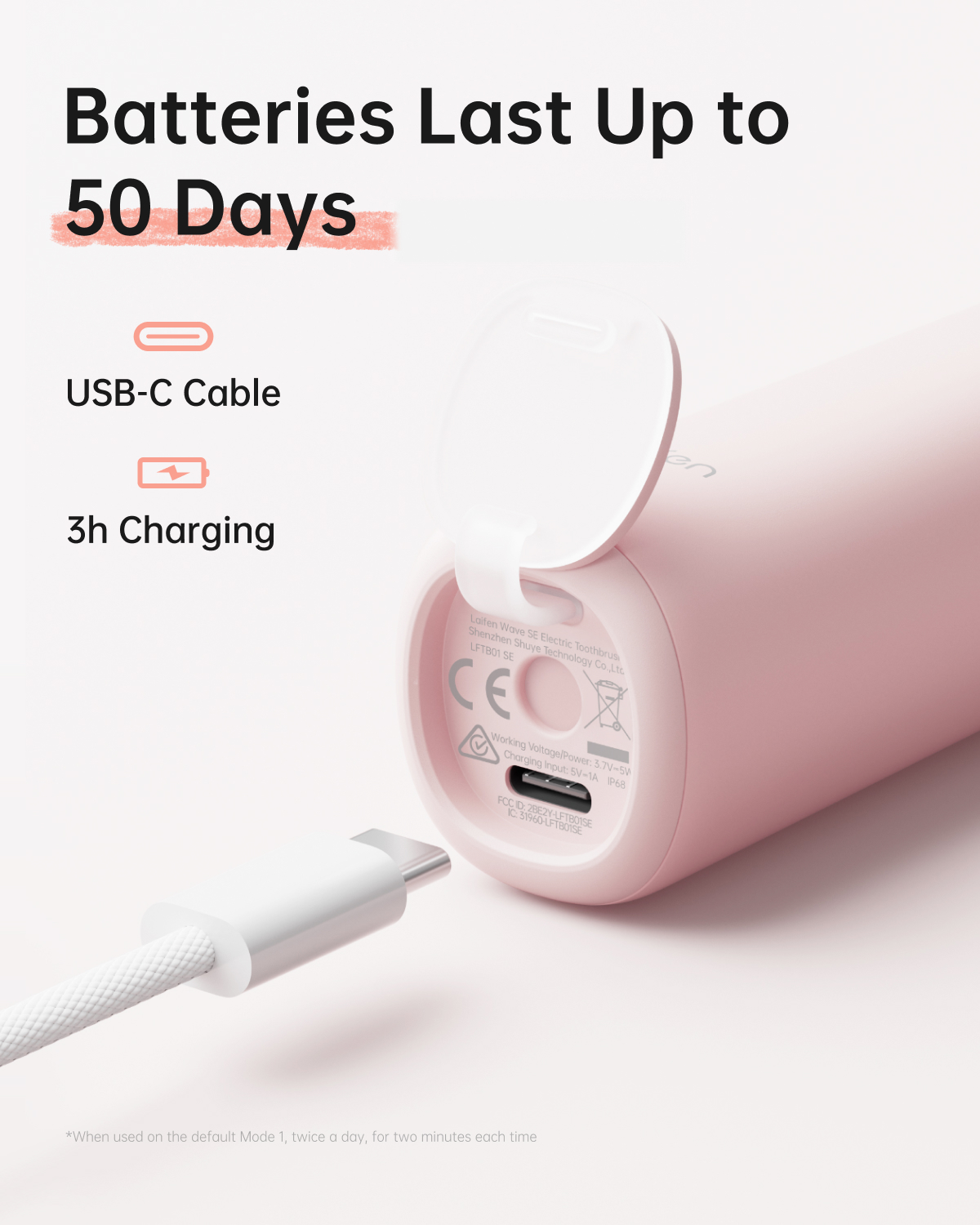 Eine rosa elektrische Zahnbürste mit eingestecktem USB-C-Kabel. Text zeigt 50 Tage Akkulaufzeit und 3 Stunden Ladezeit an.