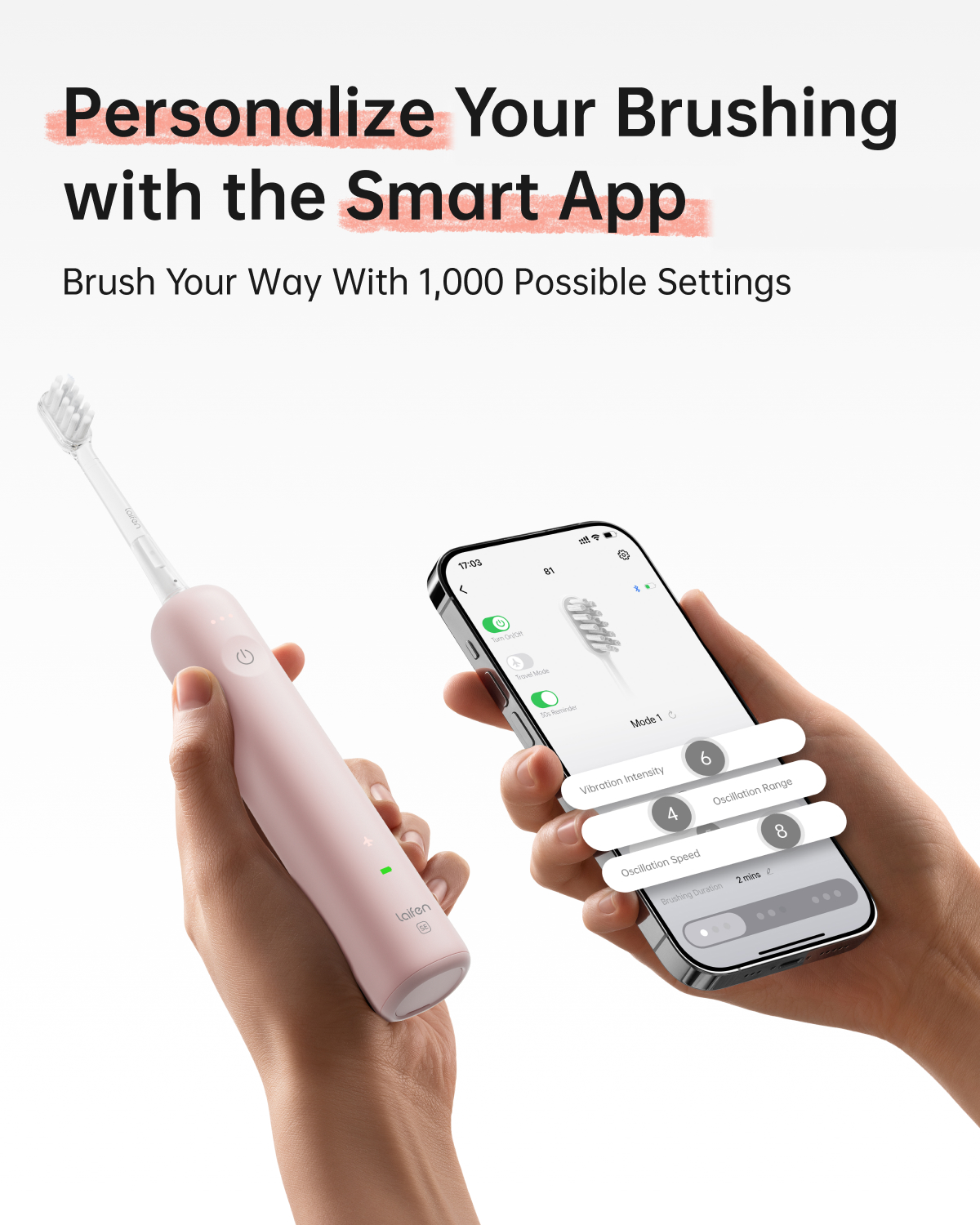 Eine Person hält eine rosa elektrische Zahnbürste und ein Smartphone mit Einstellungen. Der Bildschirm zeigt Optionen für Vibration und Oszillation.