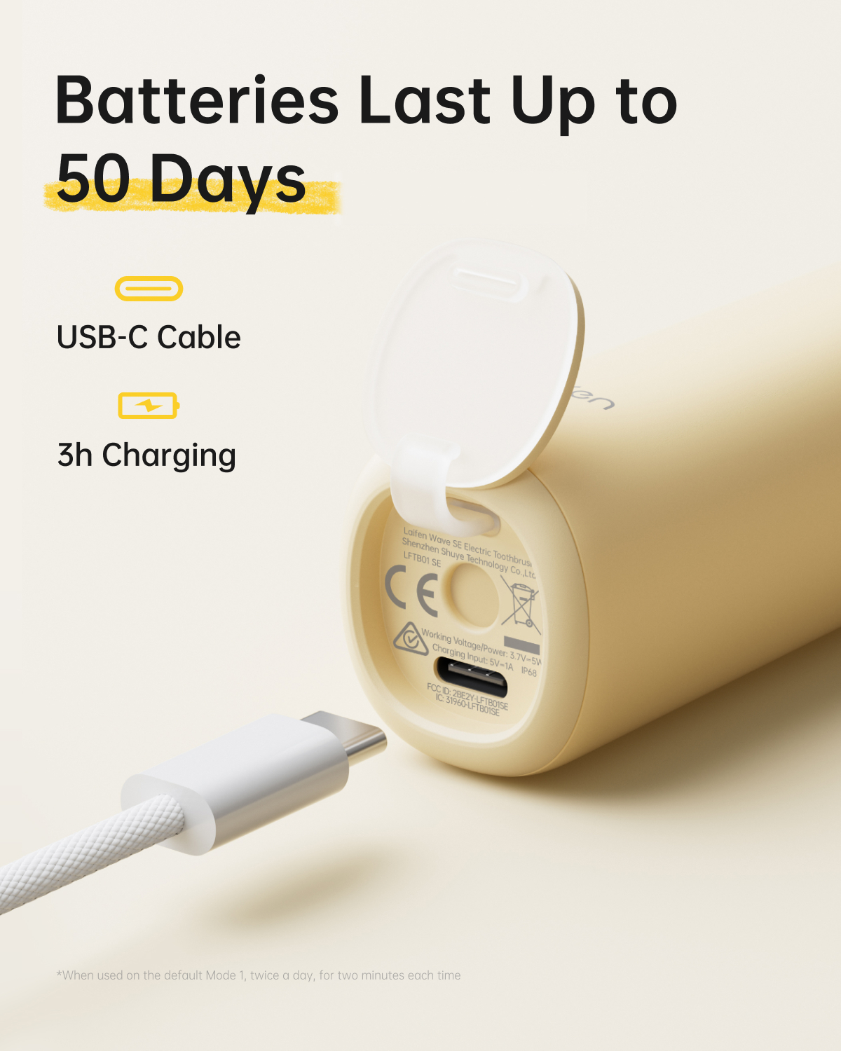 Eine beige elektrische Zahnbürste mit angeschlossenem USB-C-Kabel. Der Text lautet 'Batterien halten bis zu 50 Tage' und '3h Laden'.