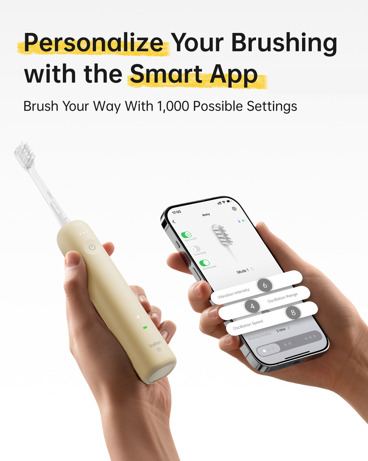 Hände halten eine beige elektrische Zahnbürste und ein Smartphone mit Putzeinstellungen. Text: Personalisieren Sie Ihr Putzen mit der Smart App.