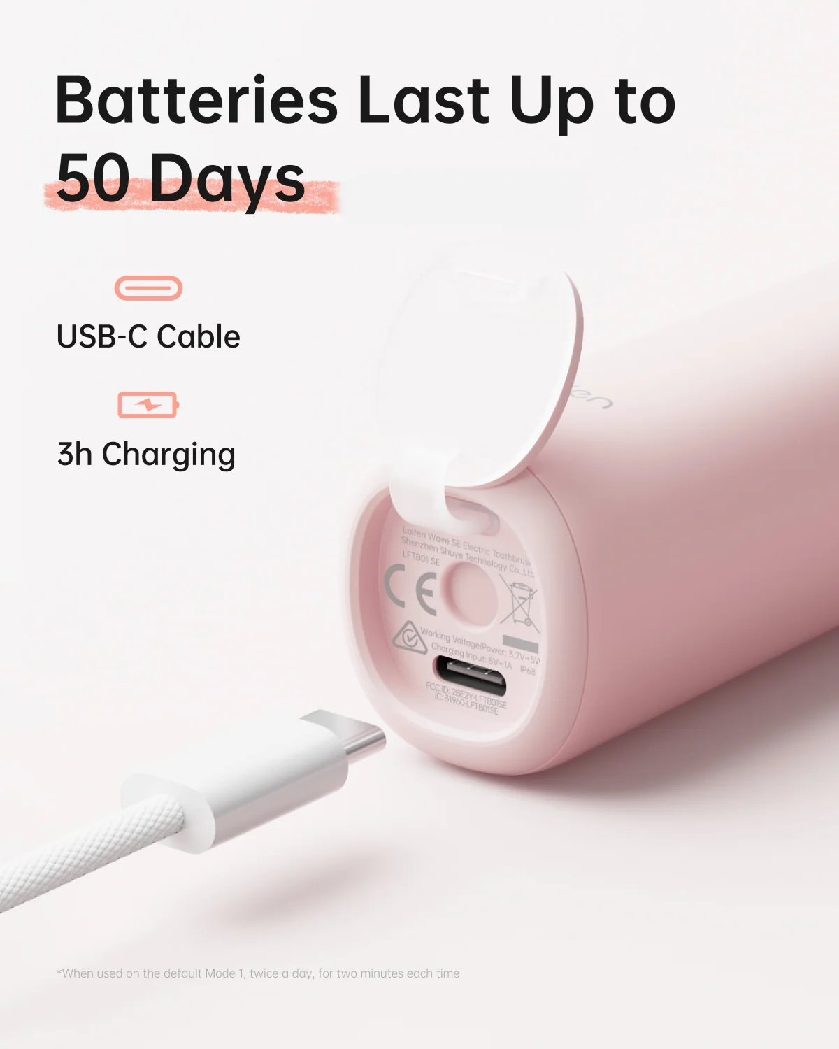 Eine rosa elektrische Zahnbürste mit eingestecktem USB-C-Kabel. Text zeigt 50 Tage Akkulaufzeit und 3 Stunden Ladezeit.