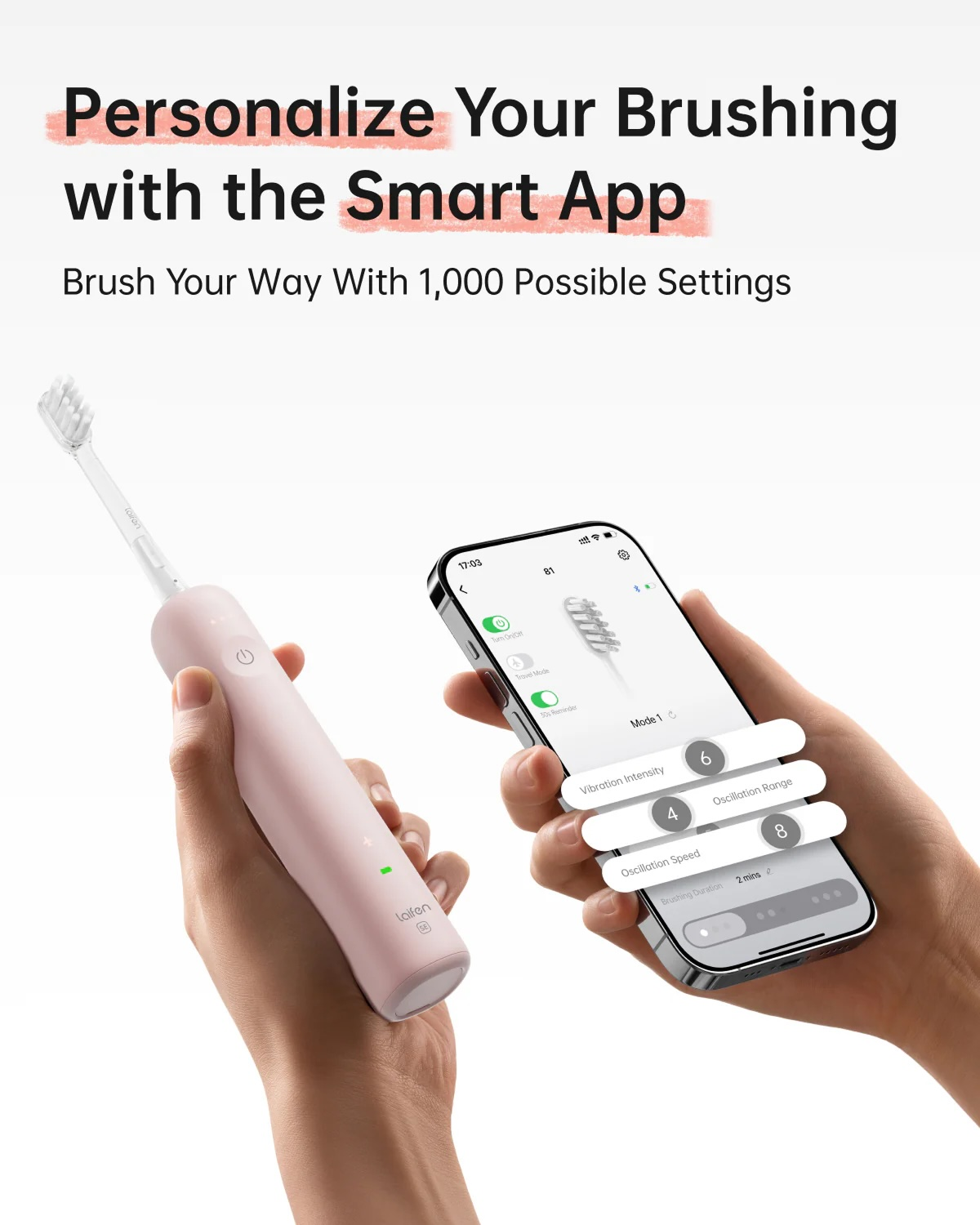 Hände halten eine rosa elektrische Zahnbürste und ein Telefon mit Einstellungen. Text: Personalisieren Sie Ihr Zähneputzen mit der Smart-App.
