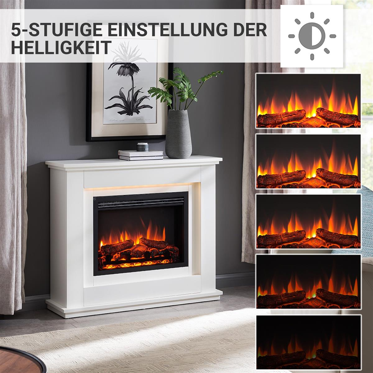 Ein weißer elektrischer Kamin mit verschiedenen Helligkeitsstufen. Der Hintergrund zeigt eine Wand mit Bild und Vase.