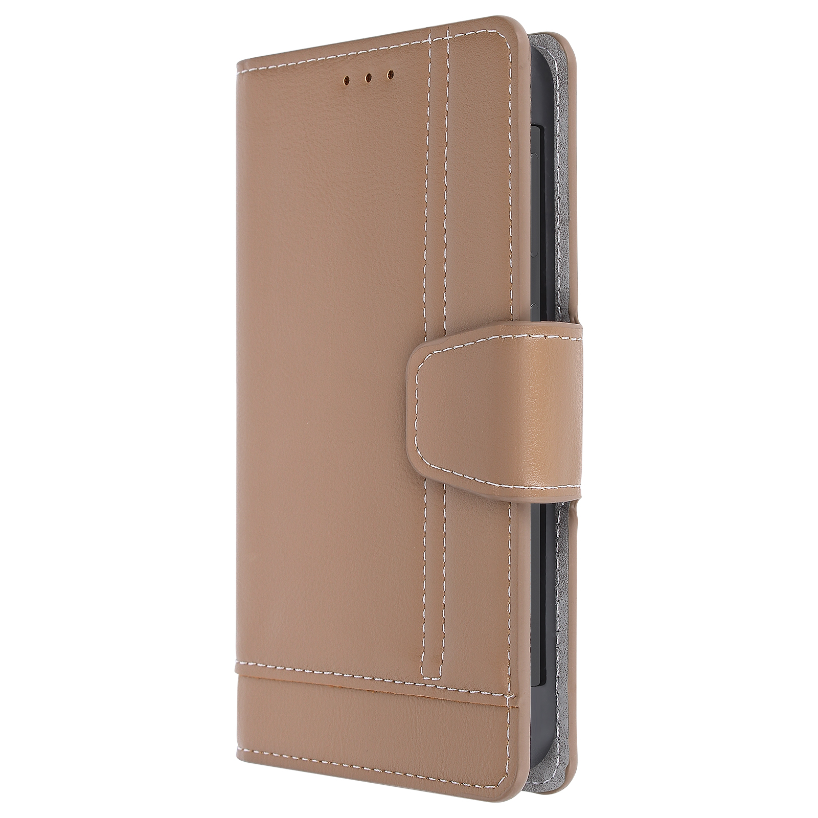 È mostrata una custodia per telefono in pelle marrone, con cuciture bianche e chiusura magnetica.