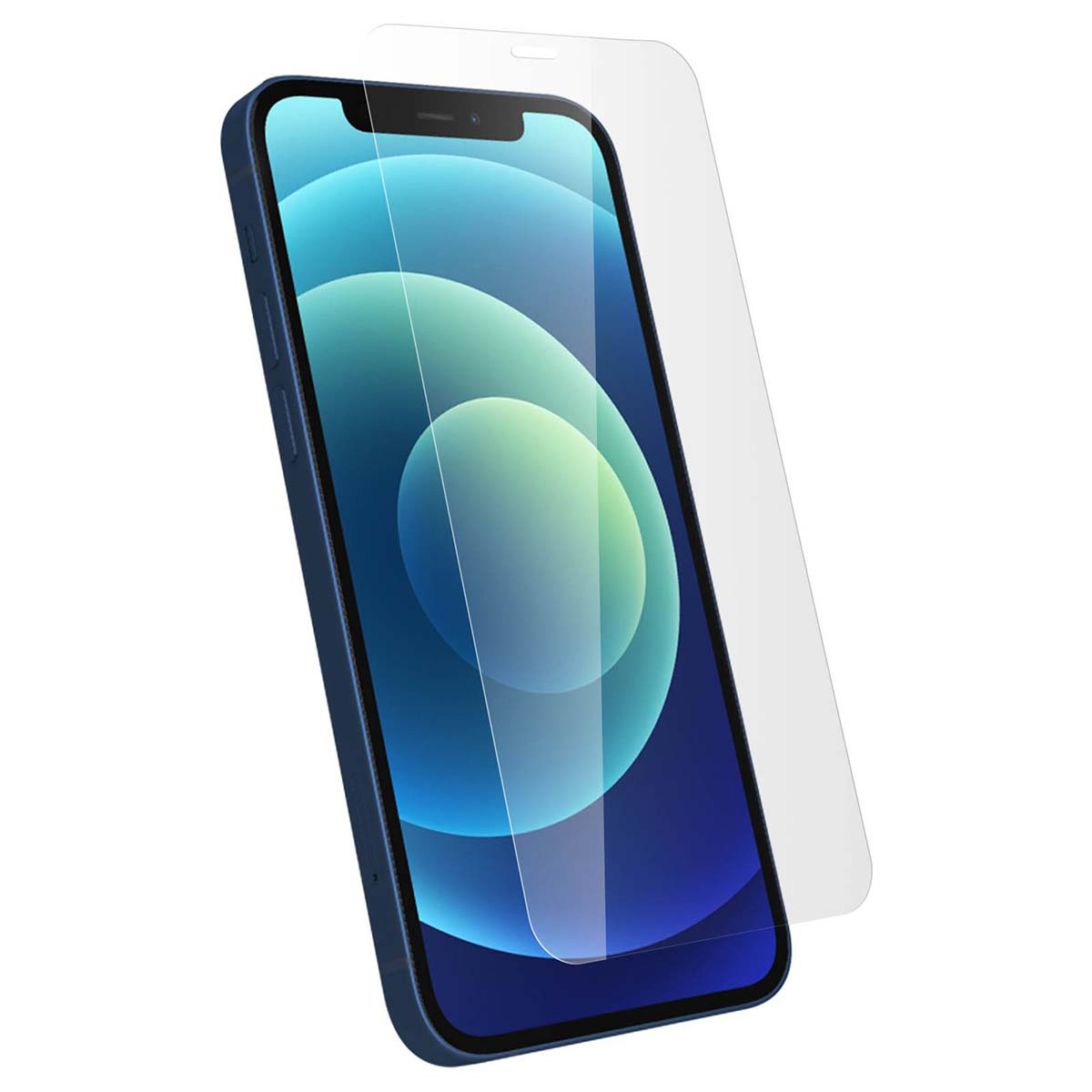 Een blauwe iPhone met een schermbeschermer. Het scherm toont een blauw-groene gradiënt. De beschermer is transparant.