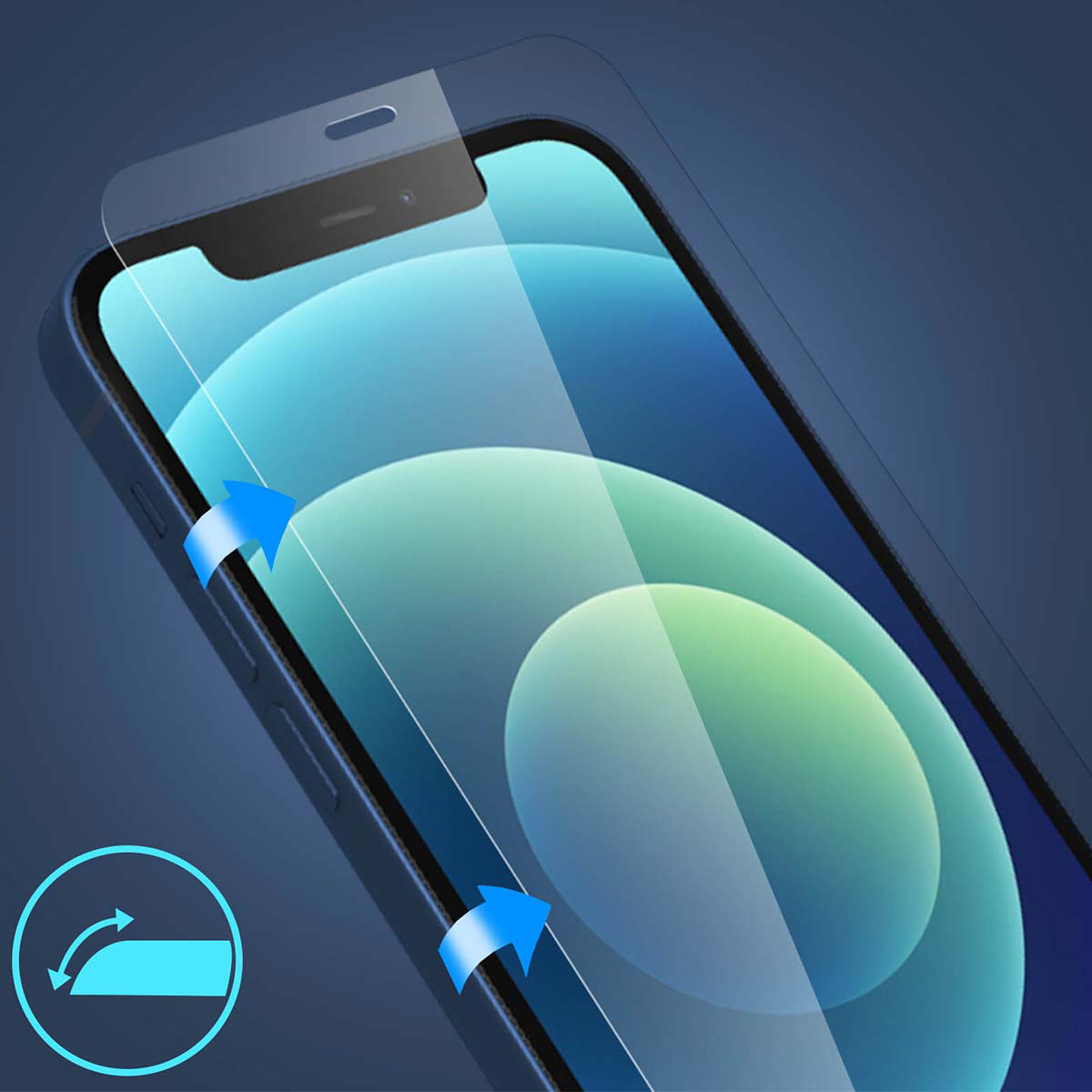 Een schermbeschermer wordt op een telefoon aangebracht. Blauwe pijlen geven de richting aan. De telefoon heeft een lichtgroene achtergrond.