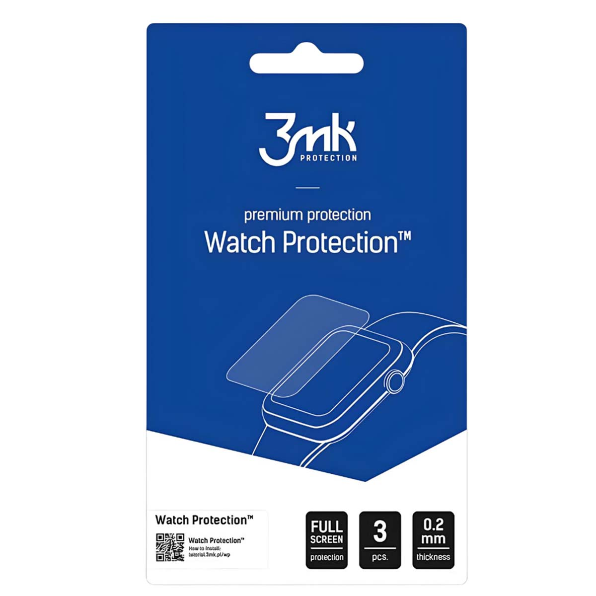 Niebieskie opakowanie z ochraniaczem na zegarek. Ma logo 3mk, tekst Watch Protection i szczegóły produktu, takie jak ilość i typ ekranu.