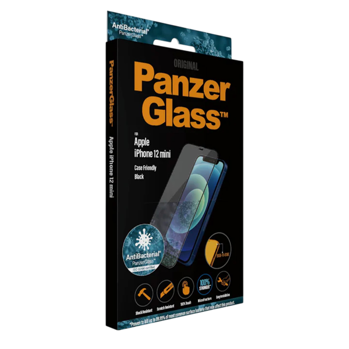 Una scatola PanzerGlass per iPhone 12 mini. Proteggi schermo nero. Testo: 'Antibatterico', 'Resistente agli urti' e '100% più forte'.