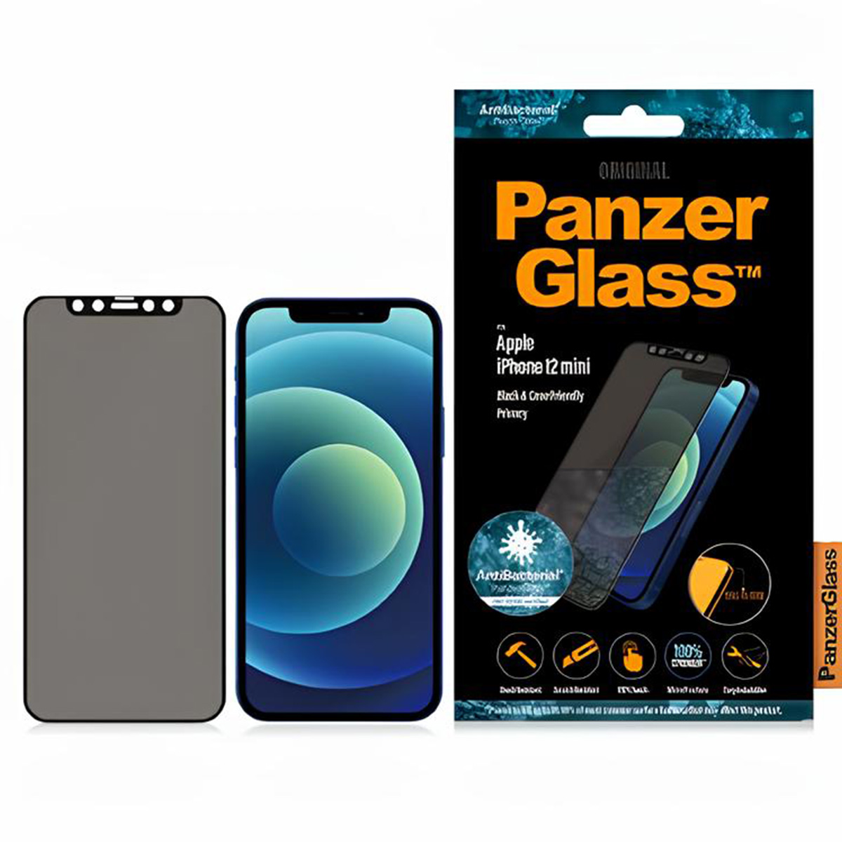 L'immagine mostra protezioni schermo per iPhone 12 mini. Una è installata, una è separata. La confezione mostra dettagli e caratteristiche del prodotto.
