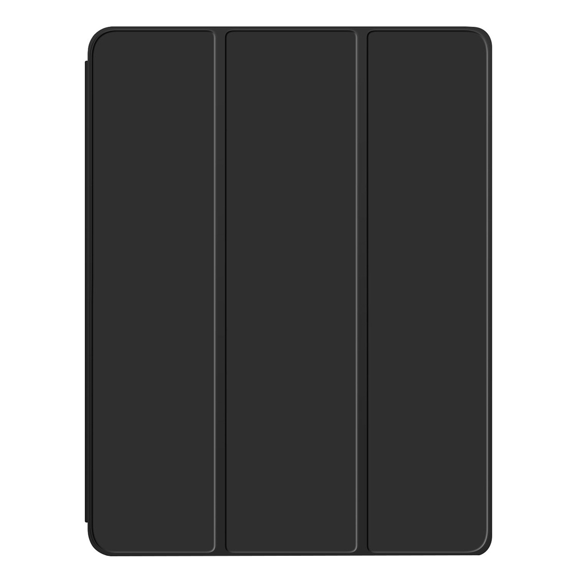 Una custodia per tablet nera chiusa con tre pannelli. La custodia è rettangolare con angoli arrotondati, su sfondo bianco.