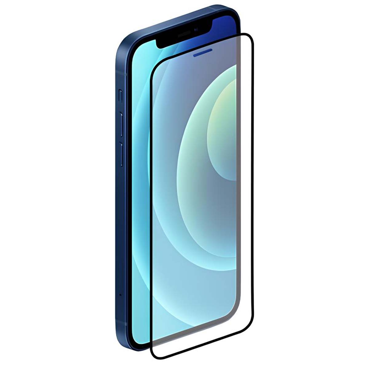 Een blauwe smartphone met een schermbeschermer erop. Het scherm toont een lichtblauwe gradiënt. De beschermer heeft een zwarte rand.