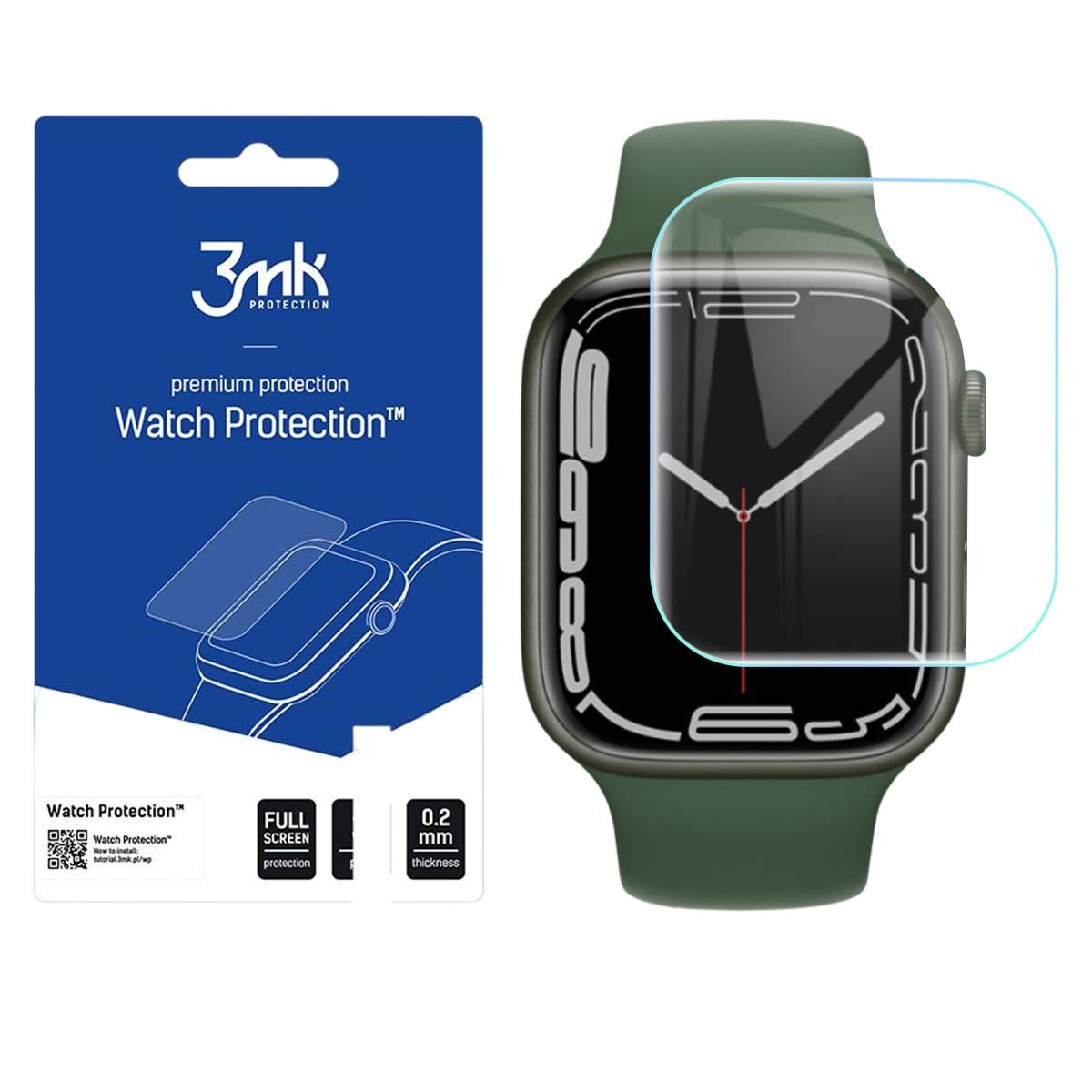 Zdjęcie przedstawia folię ochronną na ekran do smartwatcha. Opakowanie jest po lewej, a zegarek po prawej.
