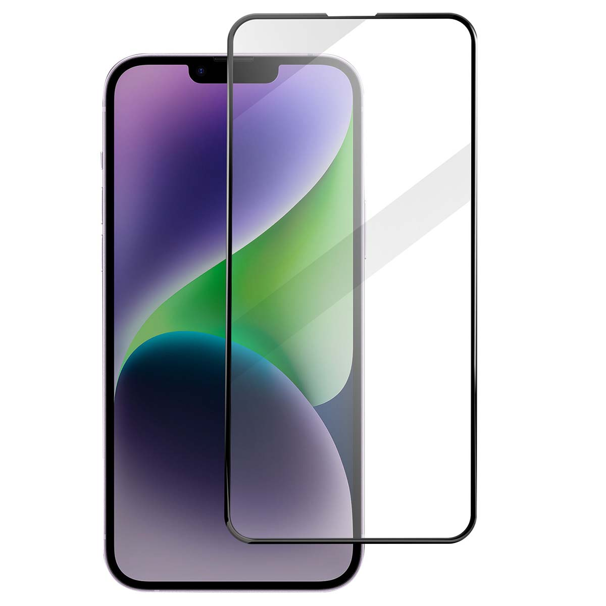 Un smartphone avec un protecteur d'écran. Le téléphone affiche une image abstraite colorée. Le protecteur a un bord noir.