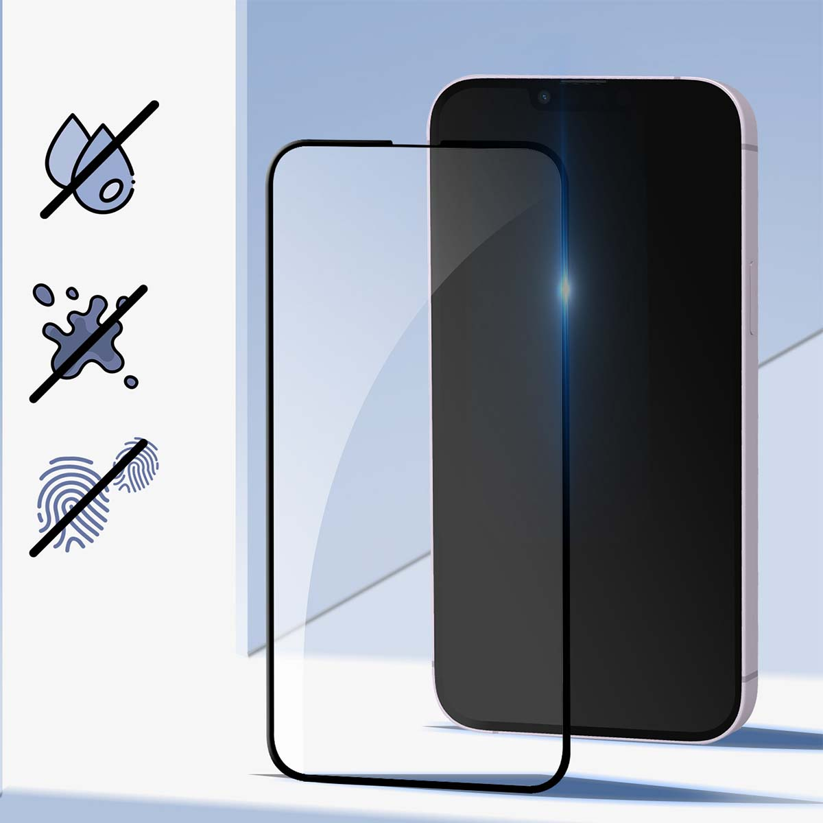 Un téléphone et un protecteur d'écran sont affichés. Des icônes indiquent que l'eau, les éclaboussures et les empreintes digitales sont bloquées. Le protecteur est transparent.