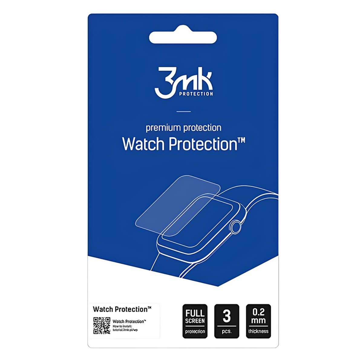 Confezione blu con protezione orologio. Testo include '3mk', 'Watch Protection' e 'Full Screen'. 3 protezioni schermo incluse.