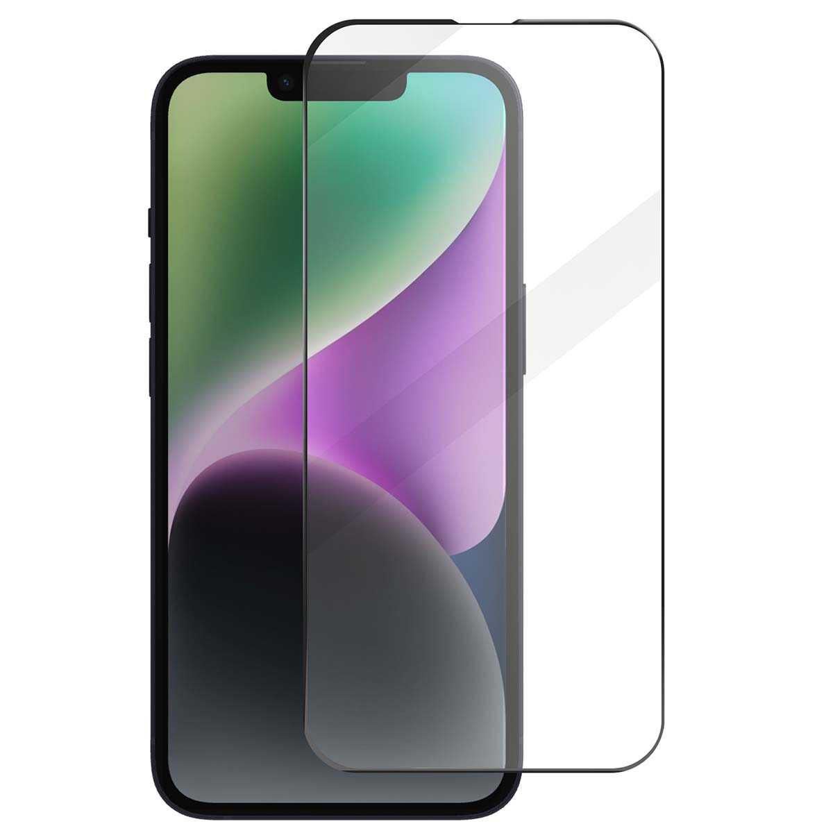 Un iPhone avec un protecteur d'écran. L'écran affiche un dégradé de couleurs. Le protecteur est transparent, légèrement décalé du téléphone.