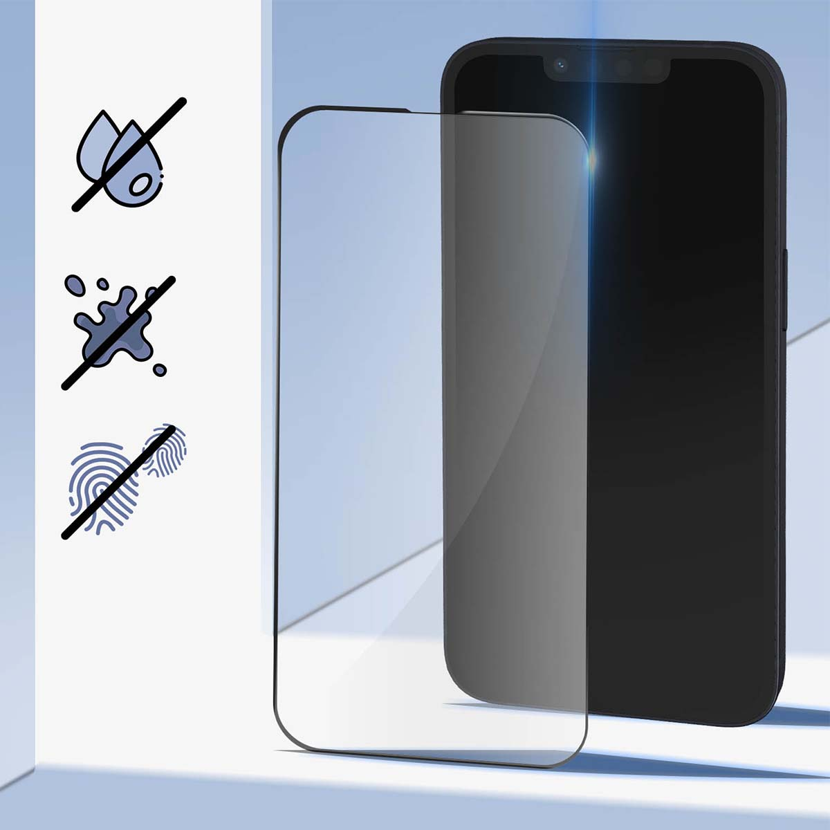 Un téléphone avec un protecteur d'écran. Icônes indiquant pas d'eau, pas de taches et pas d'empreintes digitales. Le fond est bleu clair.