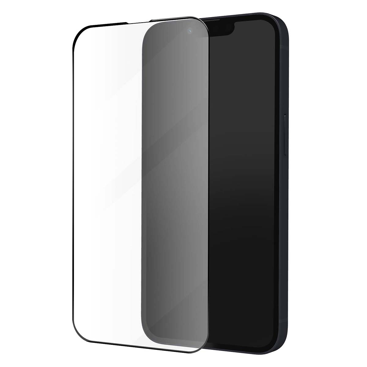 Un smartphone avec un protecteur d'écran appliqué. Le protecteur est transparent, le téléphone est noir. Le protecteur est légèrement décalé.