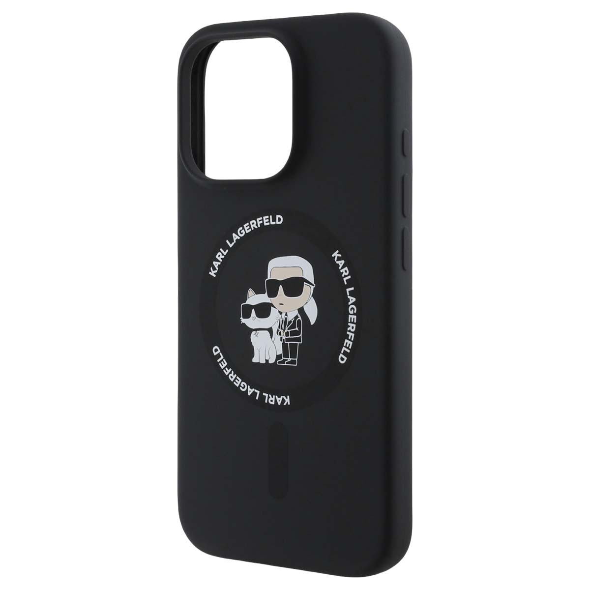 Funda negra para teléfono con el logo de Karl Lagerfeld. El logo presenta un gato y un hombre con gafas de sol.