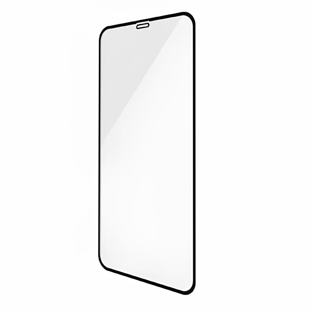 Un protecteur d'écran pour téléphone, avec des bords noirs et une encoche en haut. Le fond est blanc.