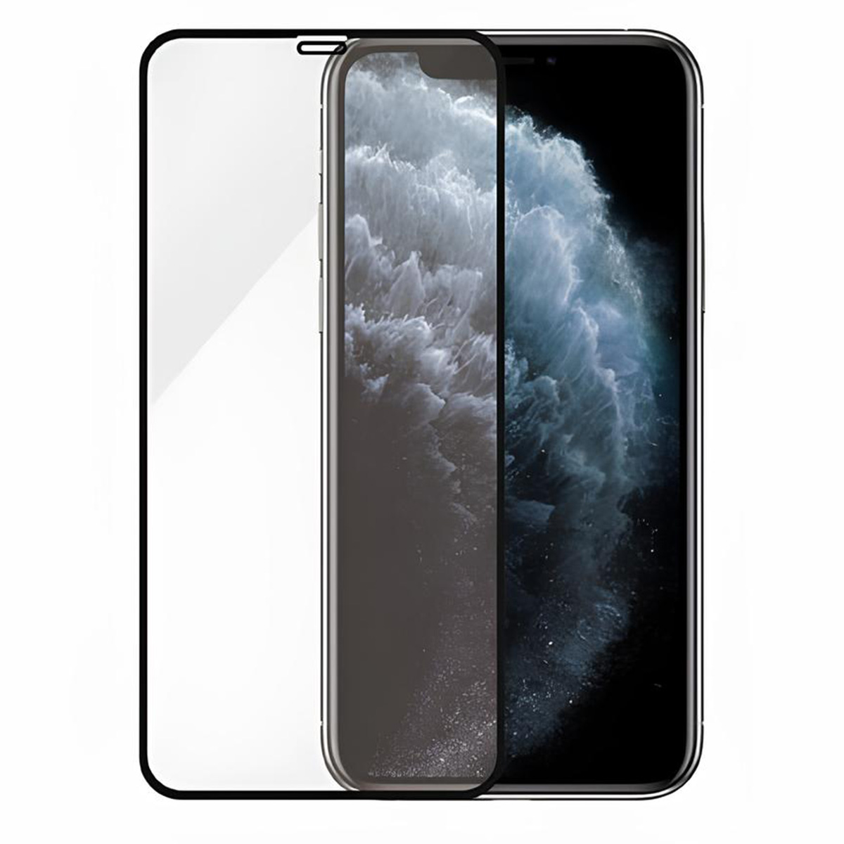 Un protecteur d'écran de smartphone, un smartphone et un iPhone. Le protecteur est clair, le téléphone est noir.